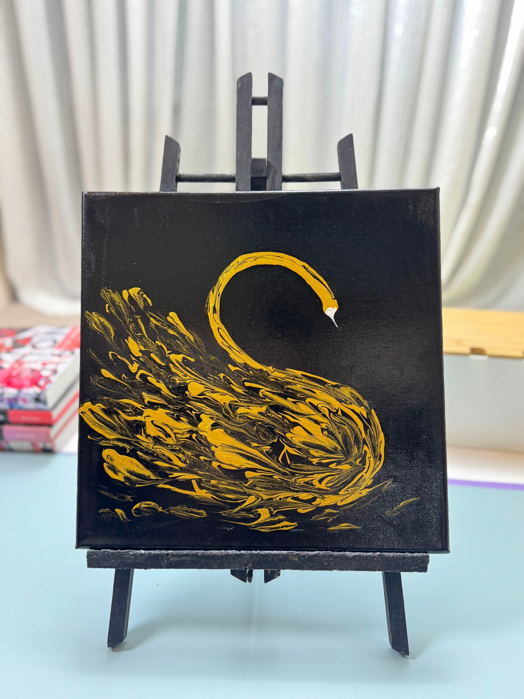 “Golden Swan on Black Fluid Art 30×30cm” | Handmade Luxury - Themed Fluid Painting