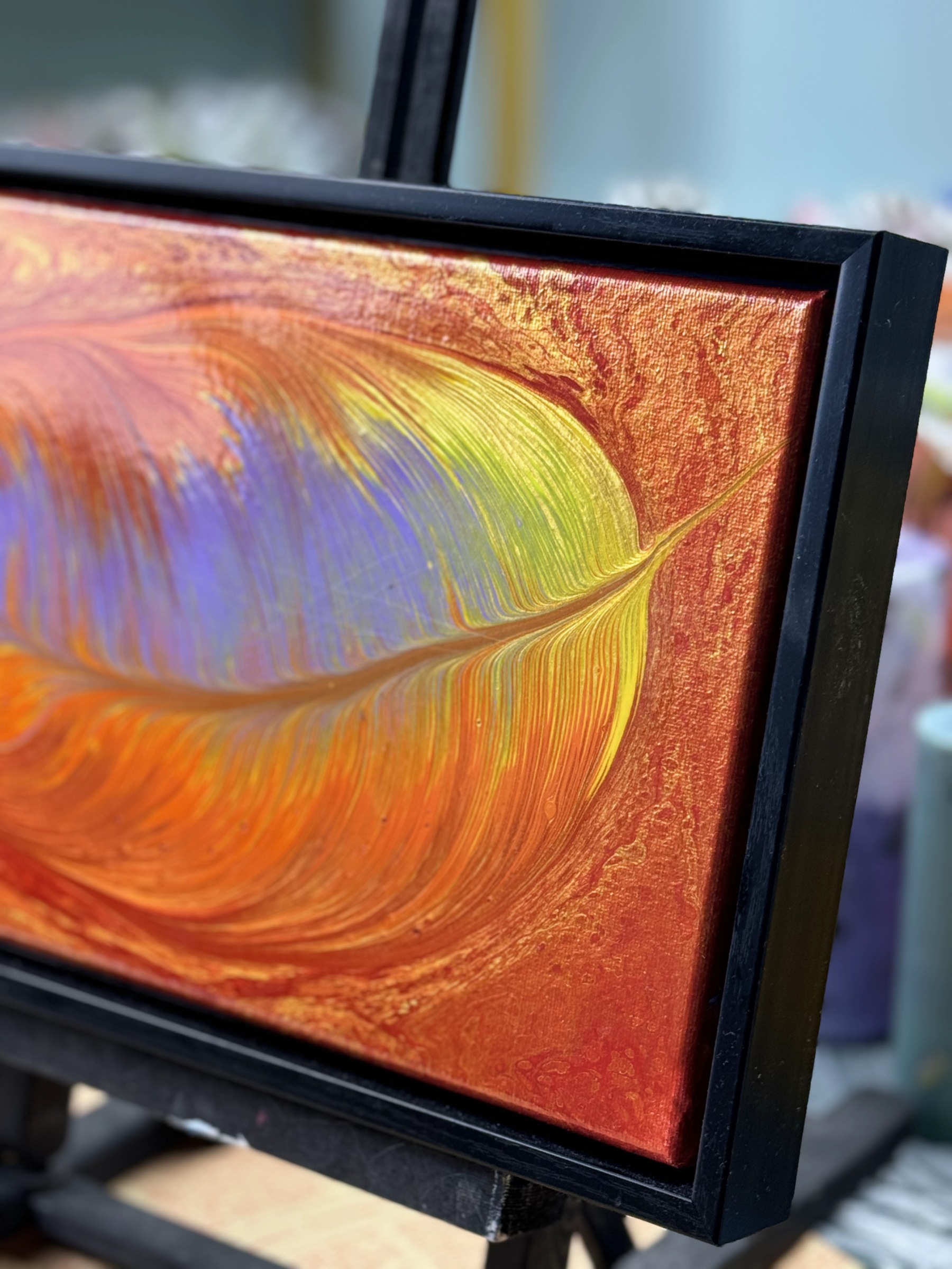 Framed Feather Fluid Art Acrylic Painting – 20x30cm with Black PS Polymer Frame (Feather 023)