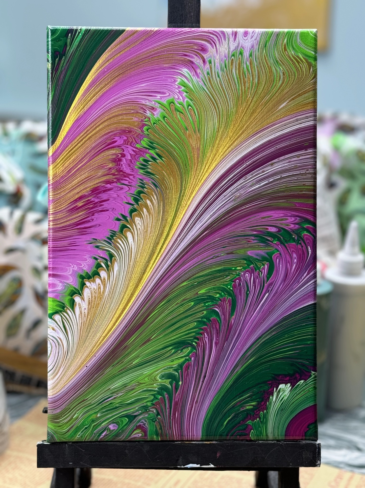 Feather Fluid Art Acrylic Painting – 20x30cm Abstract Wall Art (Feather 024)