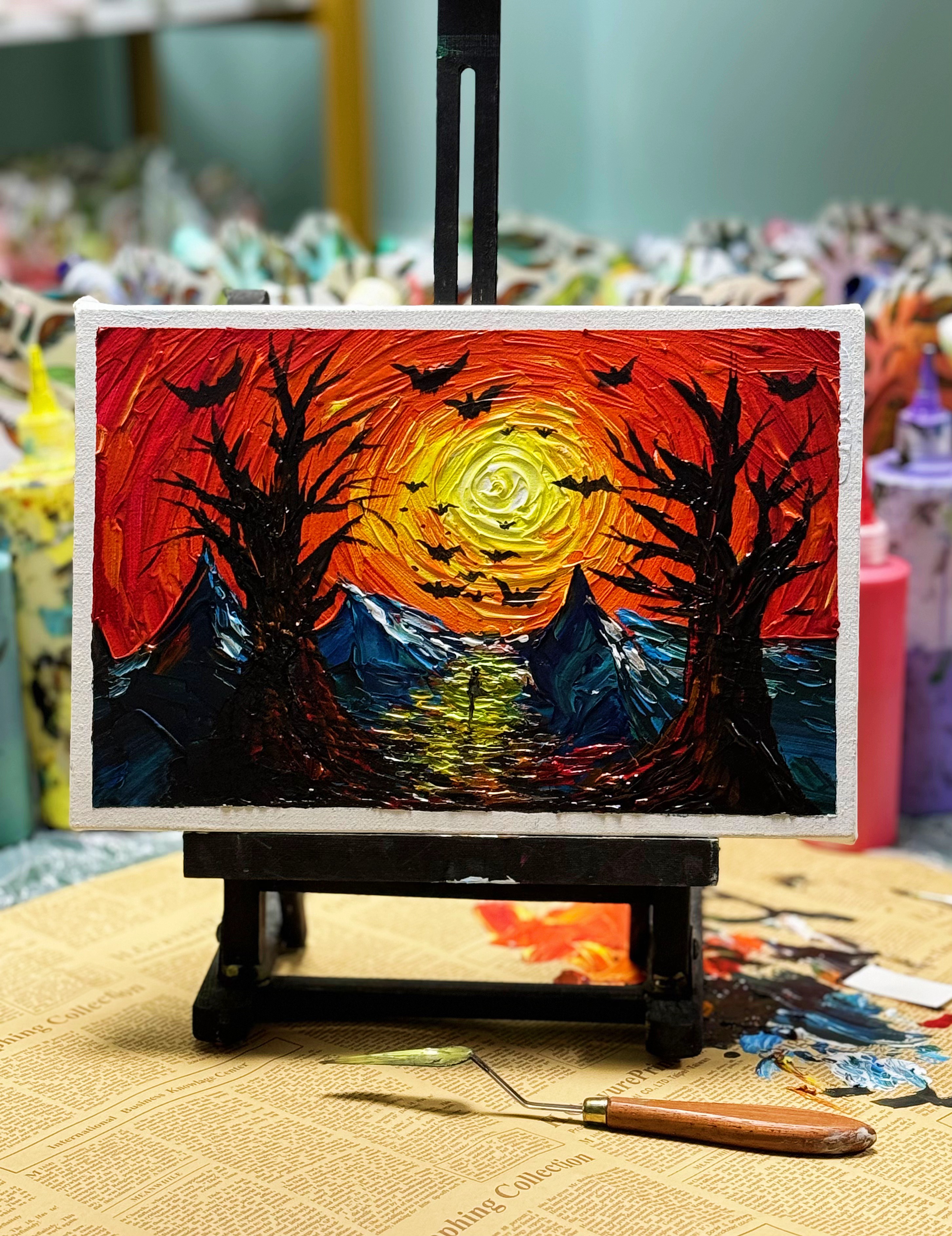 Halloween-Themed Sunset Acrylic Painting – 20x30cm Spooky Wall Art