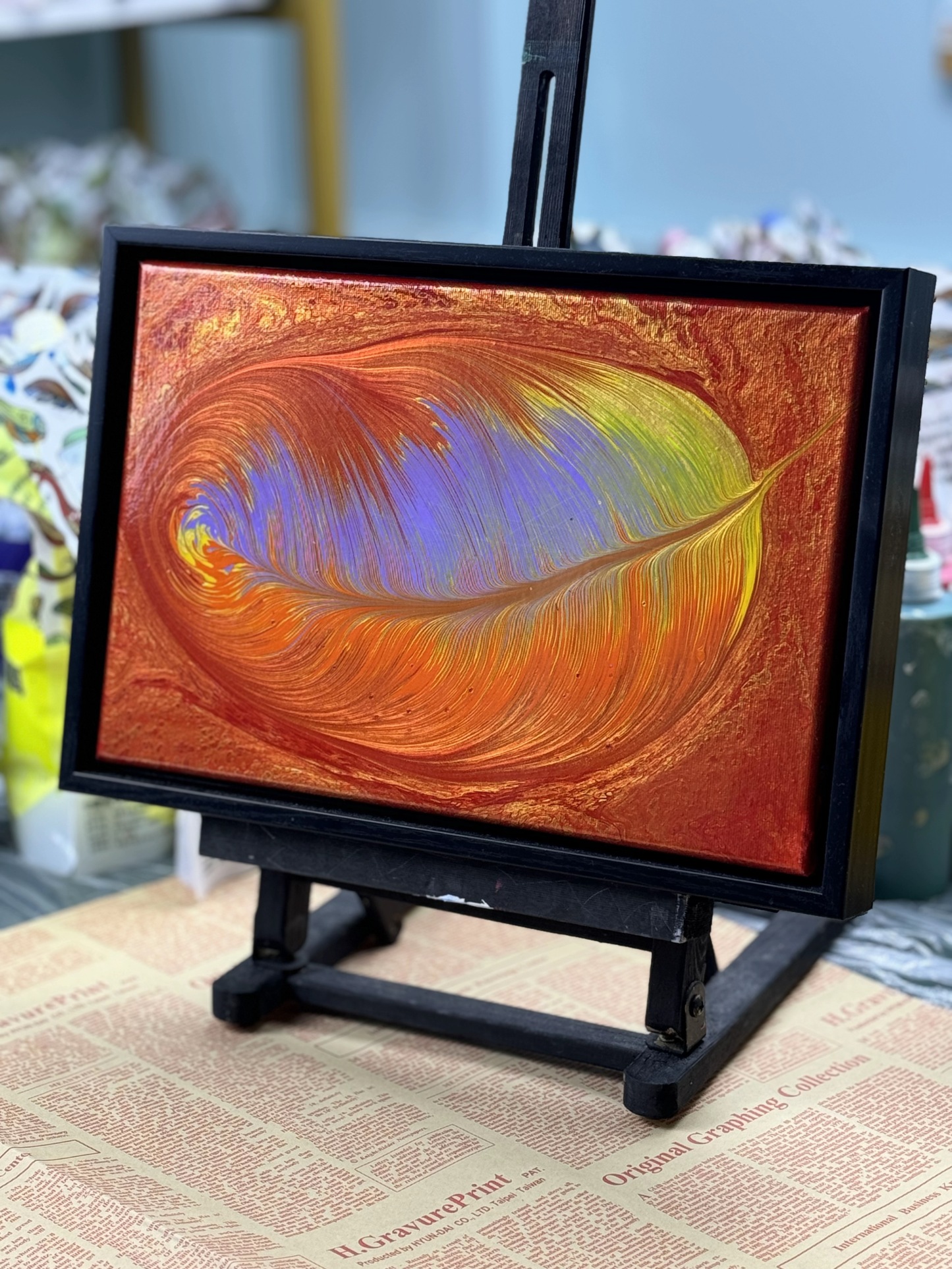 Framed Feather Fluid Art Acrylic Painting – 20x30cm with Black PS Polymer Frame (Feather 023)