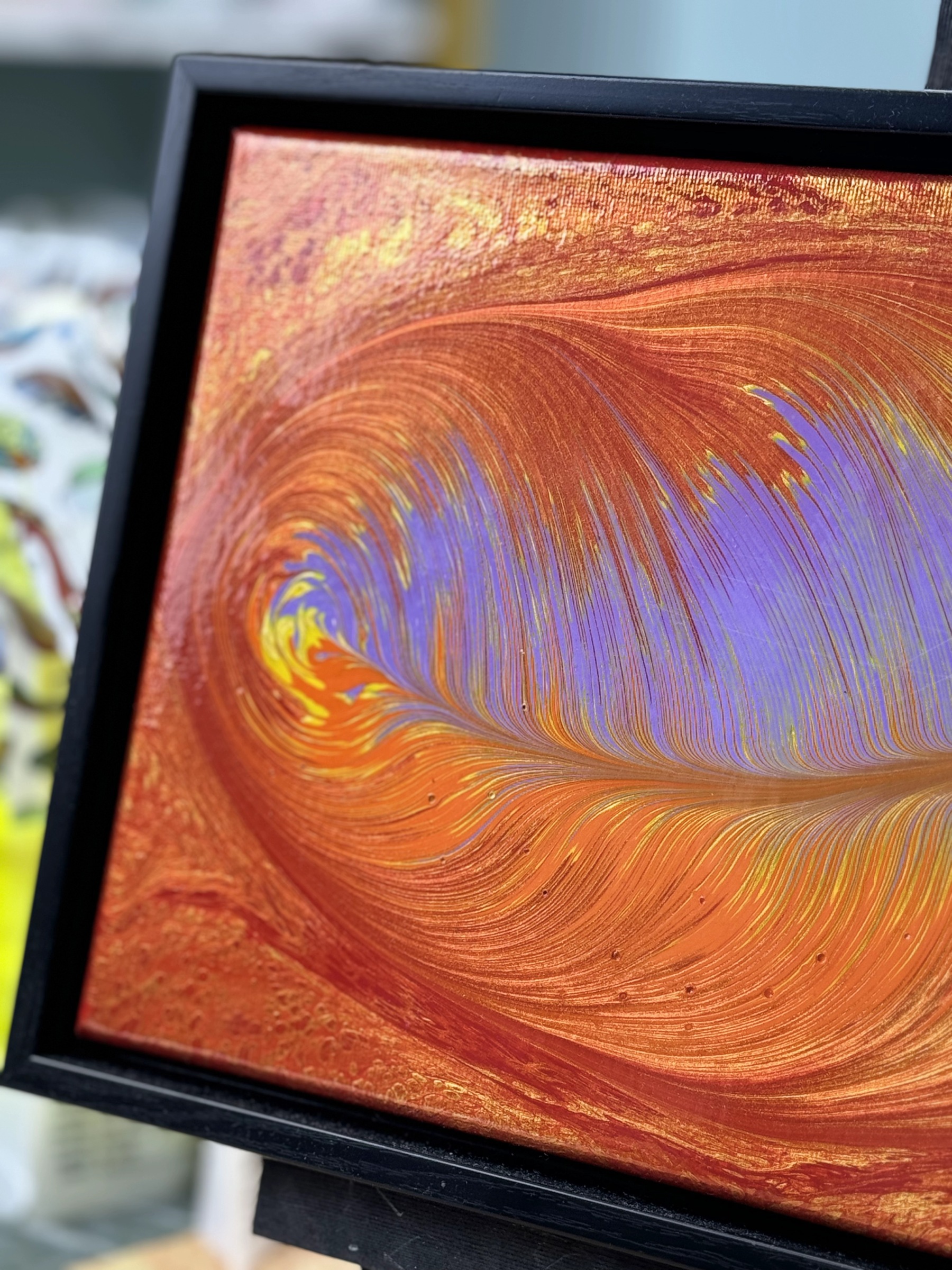 Framed Feather Fluid Art Acrylic Painting – 20x30cm with Black PS Polymer Frame (Feather 023)