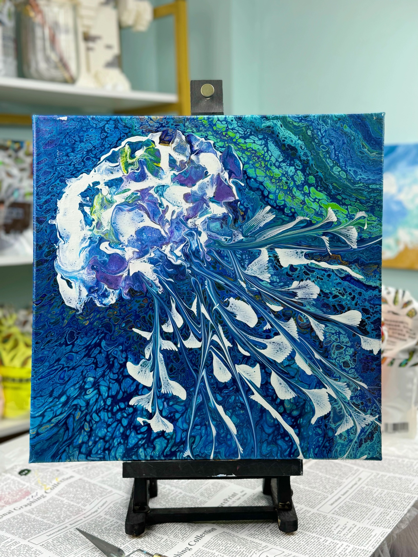 Hand-Painted Pour Painting - Oceanic Jellyfish by Siviqua