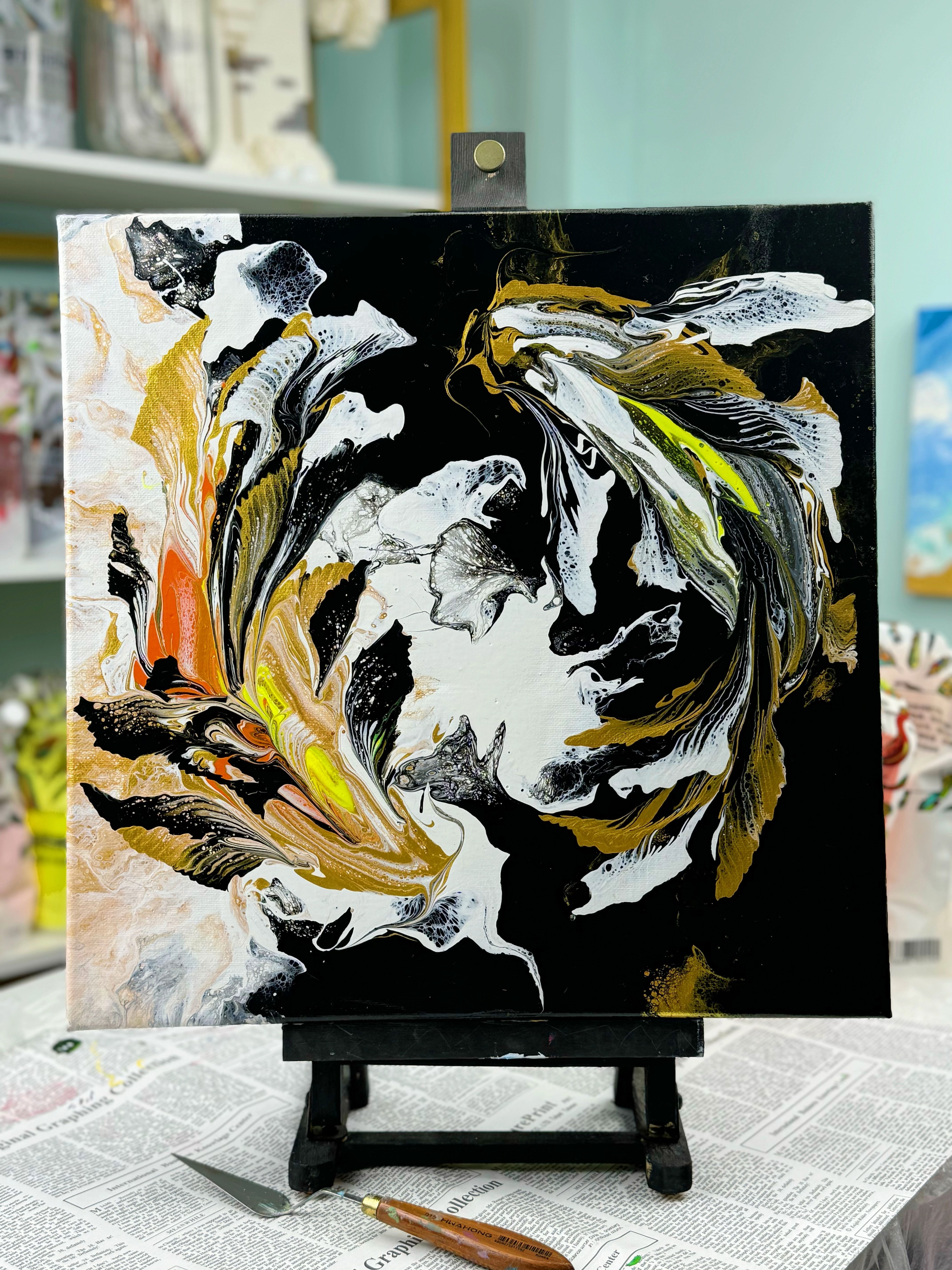 Hand-Painted Pour Painting - Golden Koi Fish by Siviqua