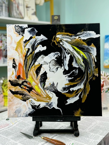 Hand-Painted Pour Painting - Golden Koi Fish by Siviqua