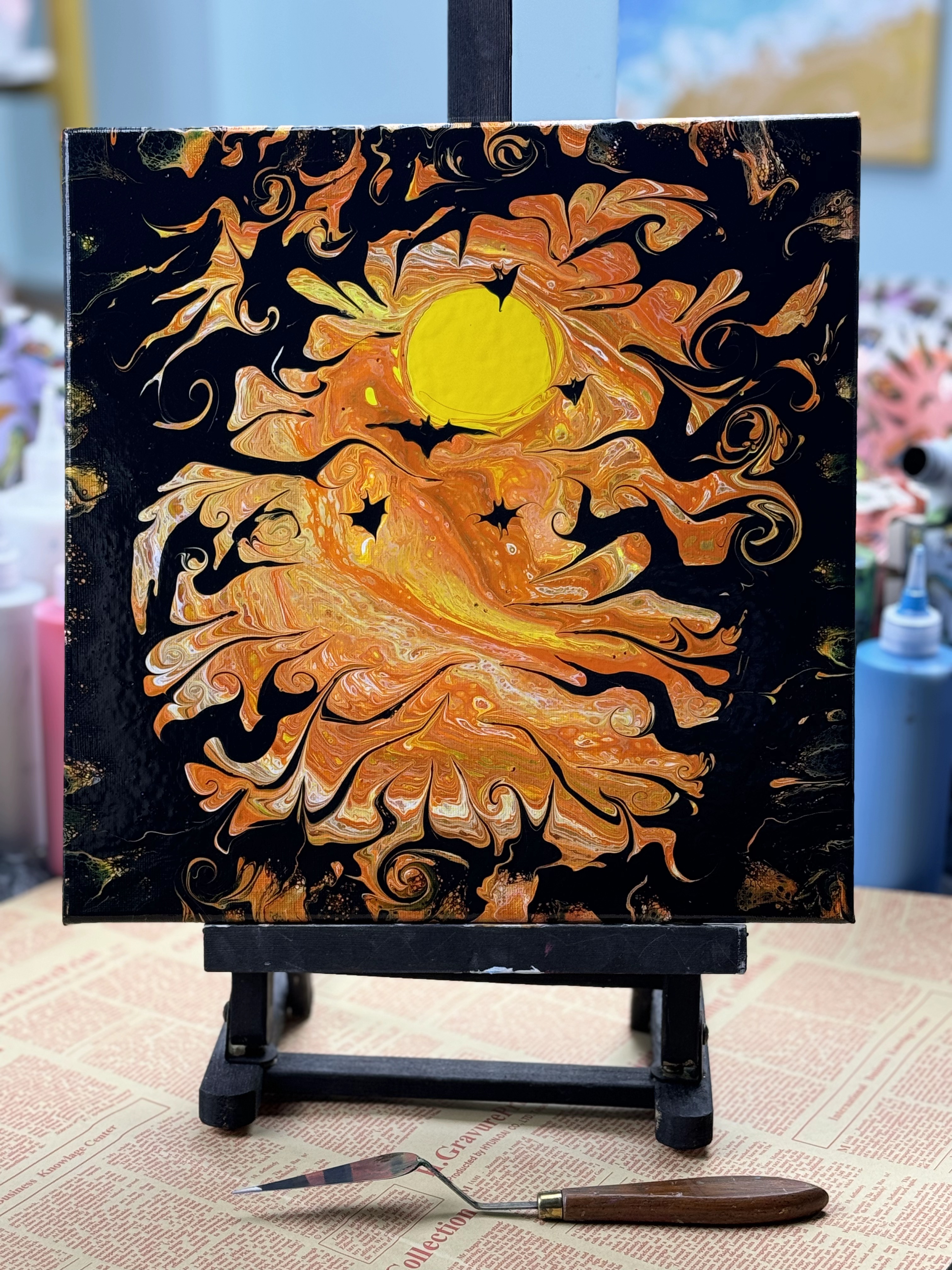 Enchanting Halloween Fluid Painting - 30x30cm Original Art for Spooky Vibes