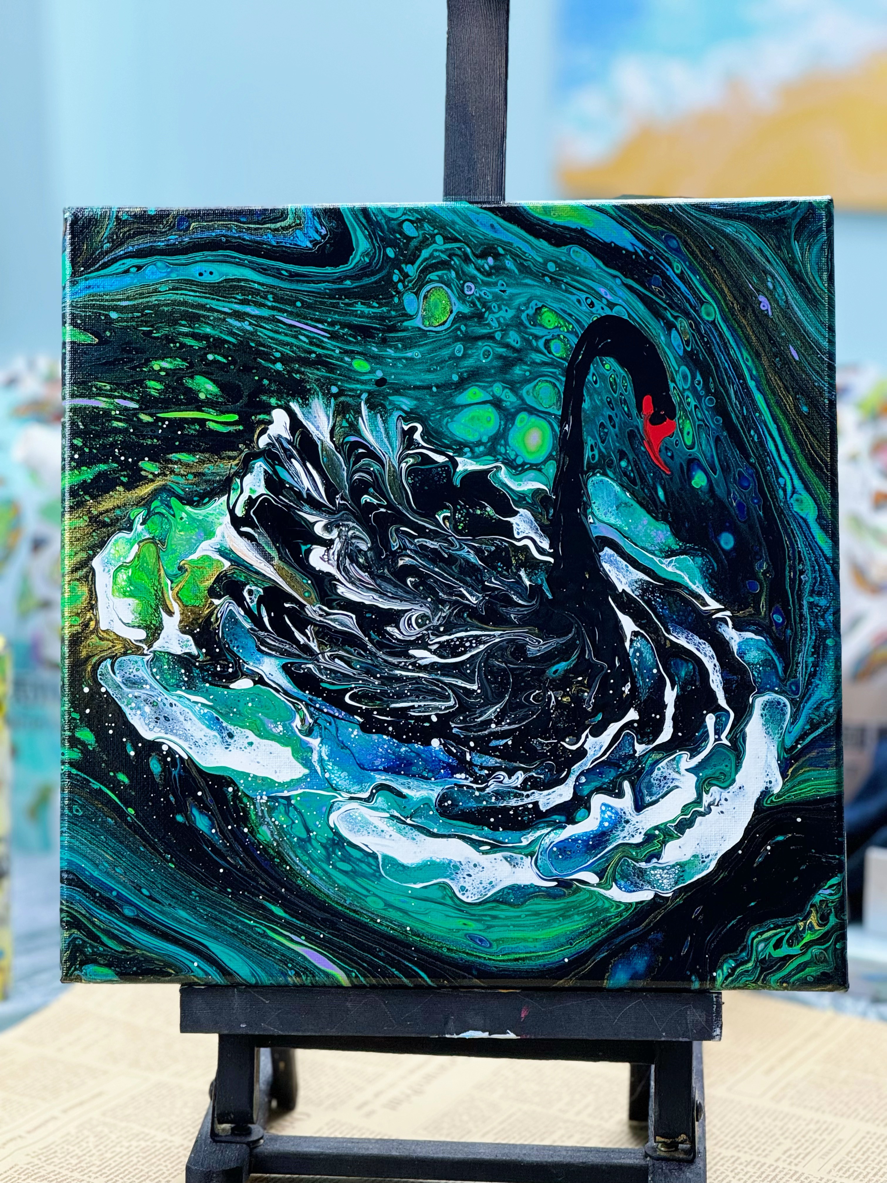 Black Swan Fluid Art Acrylic Painting – 30x30cm Abstract Wall Art (Swan 001)