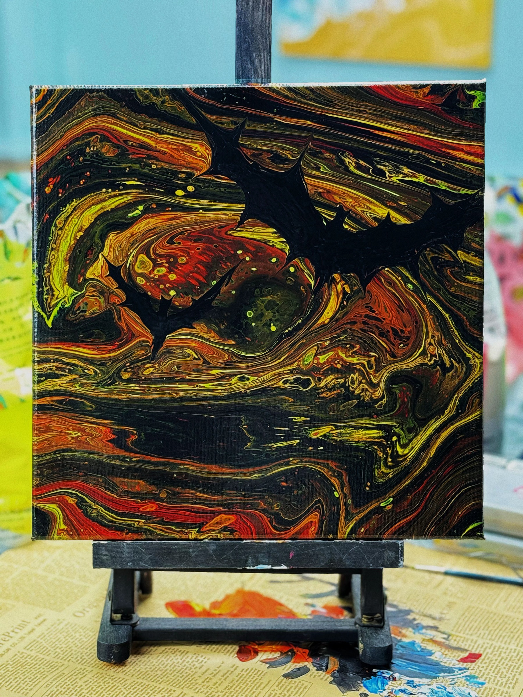 Halloween-Themed Fluid Art Acrylic Painting – 30x30cm Flying Bats (Halloween 003)