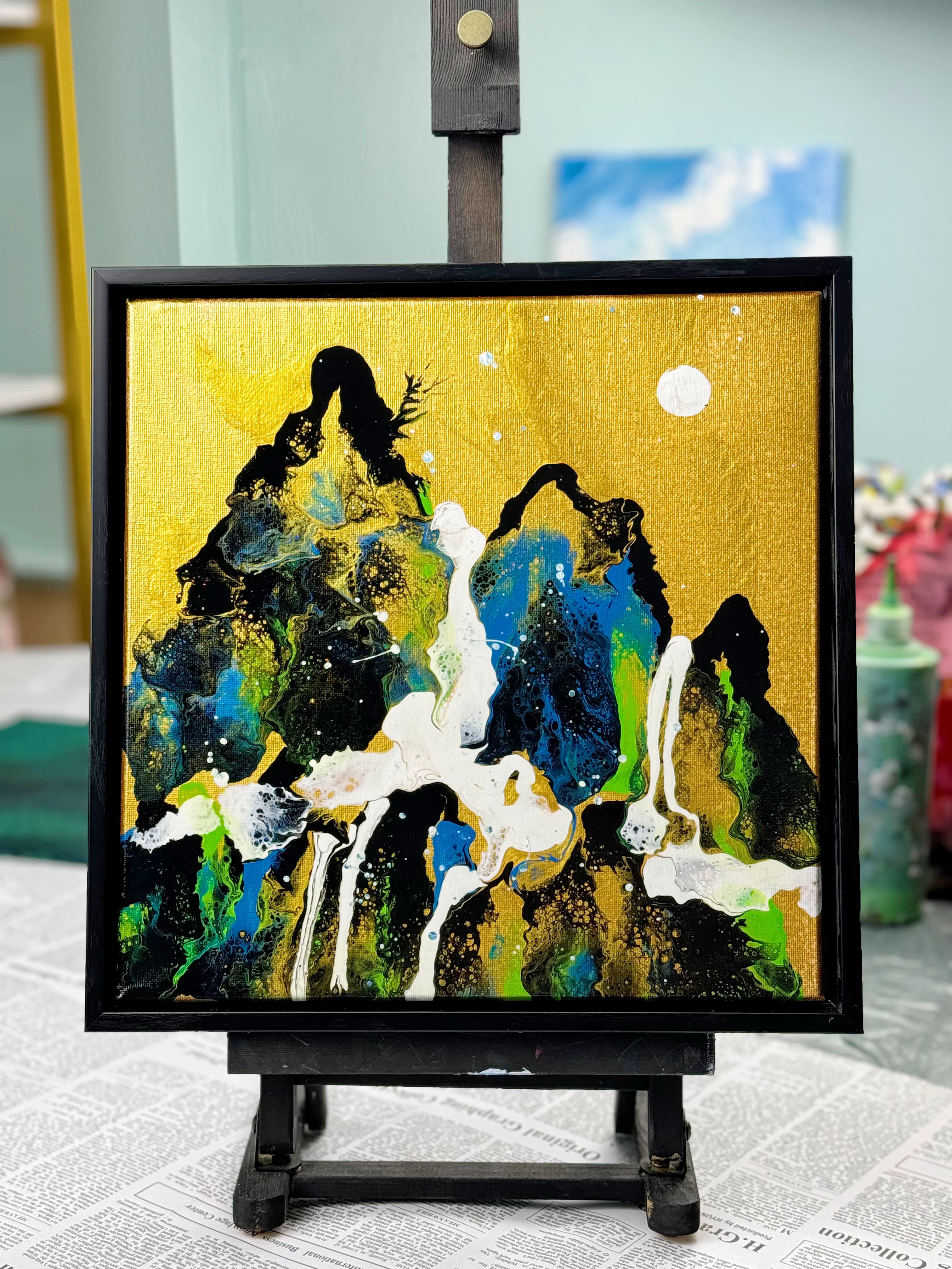 Framed Mountain Landscape Fluid Art Acrylic Painting – 30x30cm with Black PS Polymer Frame (Landscape 002)