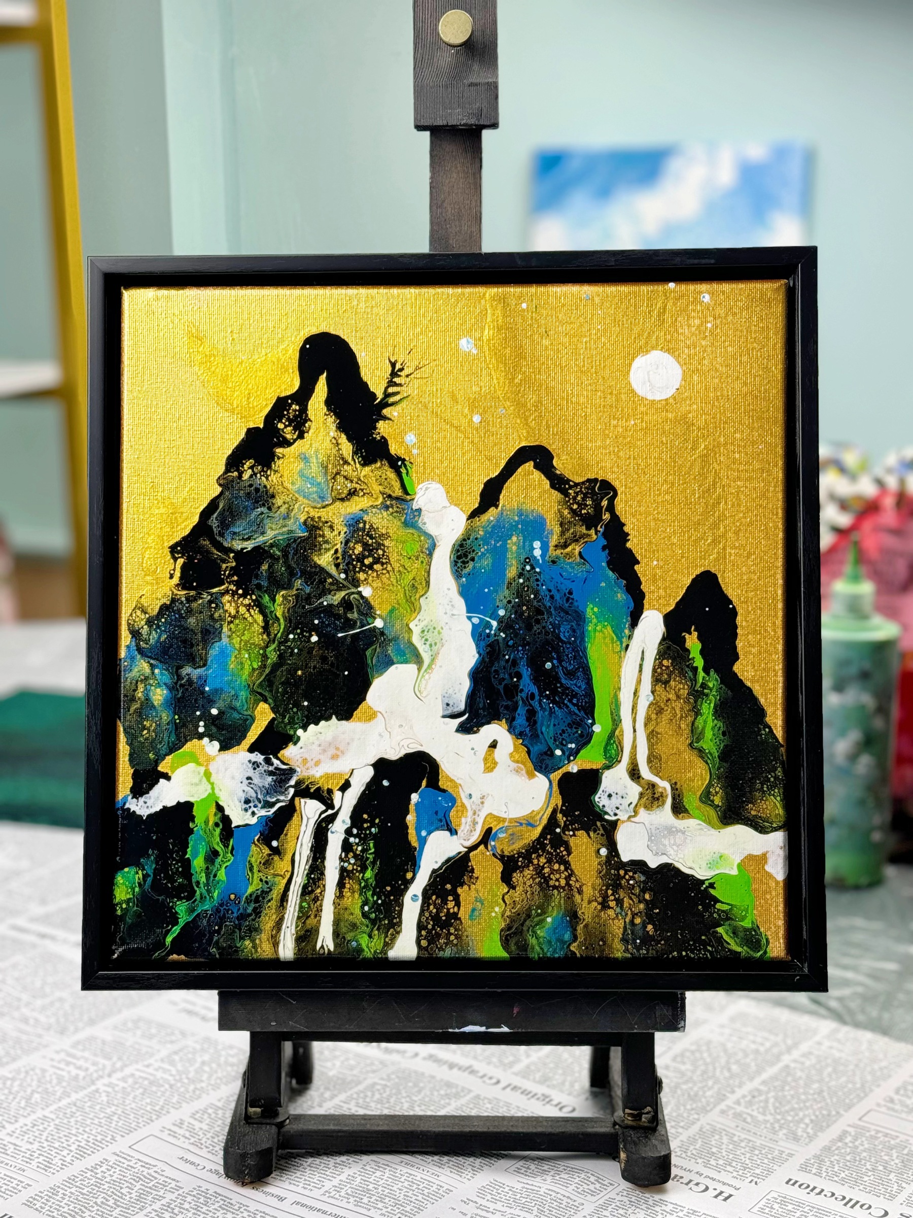 Framed Mountain Landscape Fluid Art Acrylic Painting – 30x30cm with Black PS Polymer Frame (Landscape 002)
