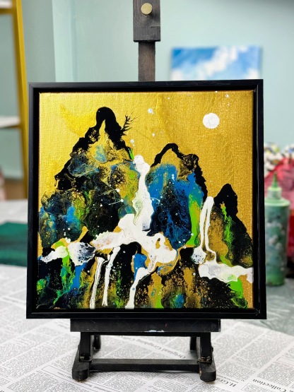 Framed Mountain Landscape Fluid Art Acrylic Painting – 30x30cm with Black PS Polymer Frame (Landscape 002)