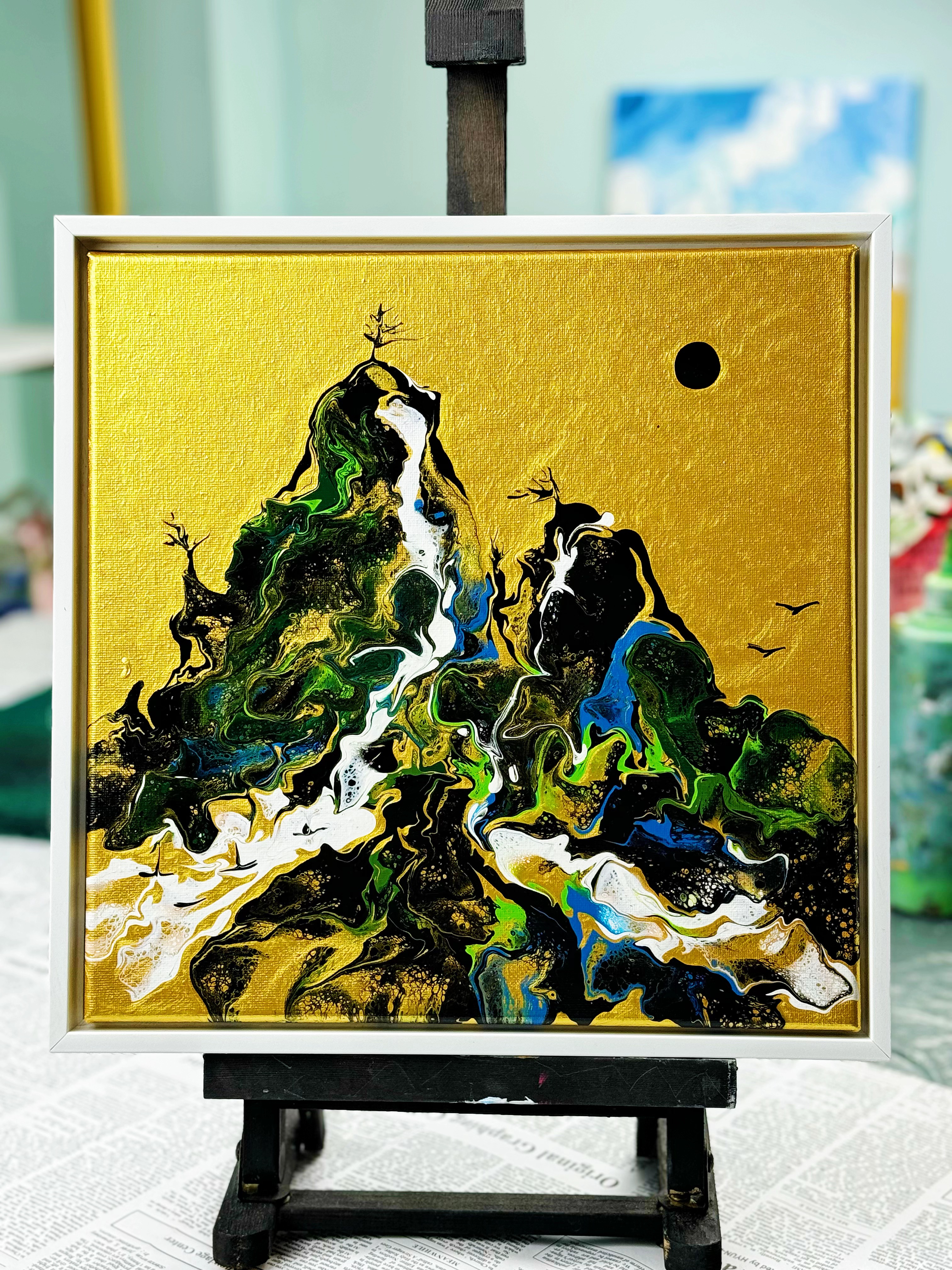 Framed Mountain Landscape Fluid Art Acrylic Painting – 30x30cm with White PS Polymer Frame (Landscape 003)