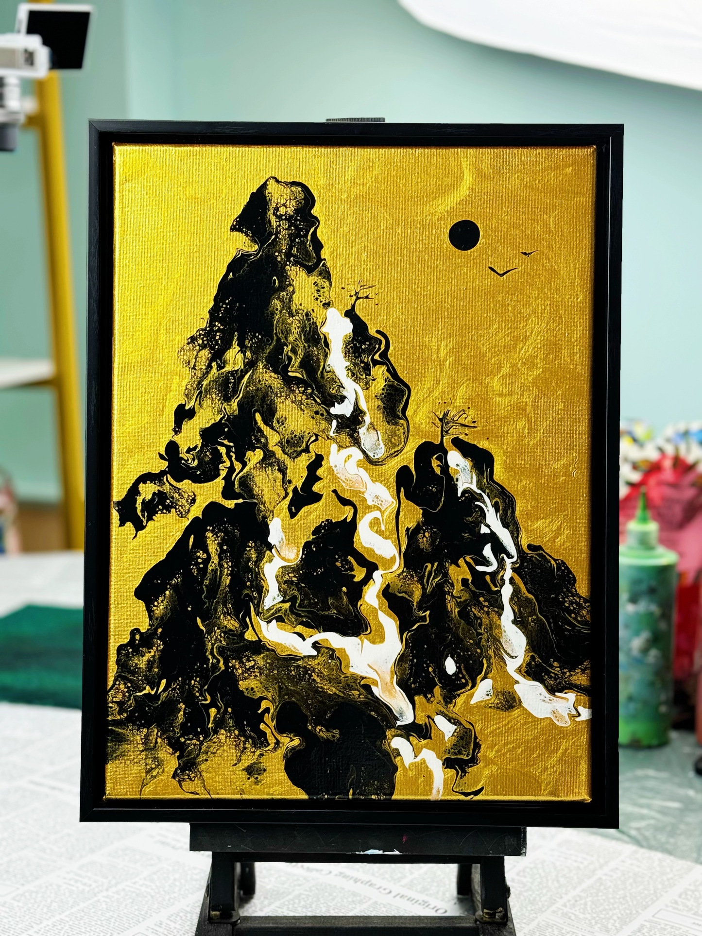 Framed Mountain Landscape Fluid Art Acrylic Painting – 30x40cm with Black PS Polymer Frame (Landscape 004)