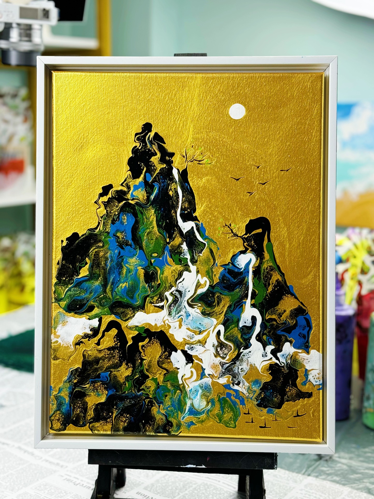 Framed Mountain Landscape Fluid Art Acrylic Painting