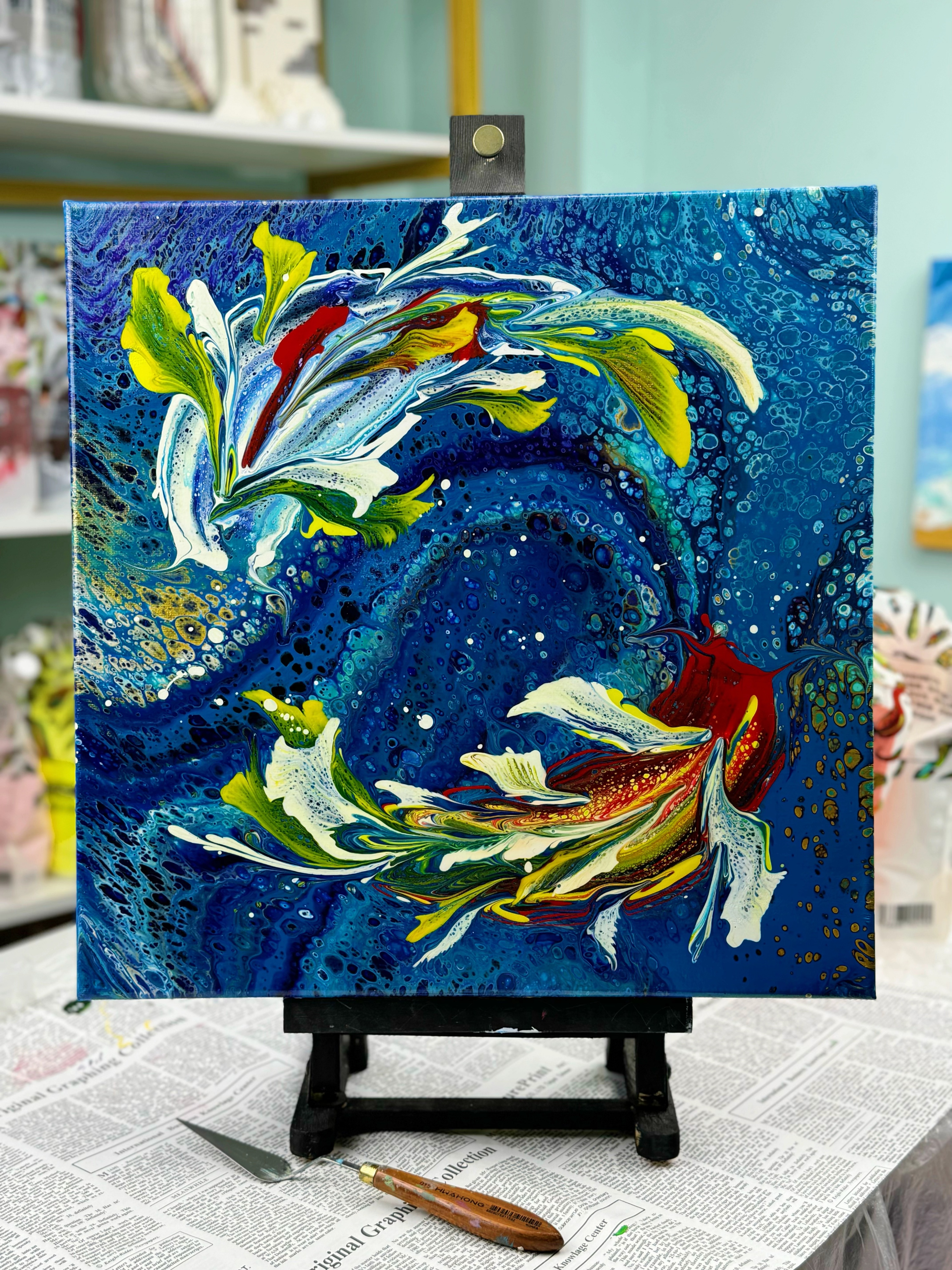 Hand-Painted Pour Painting - Mystic Koi by Siviqua