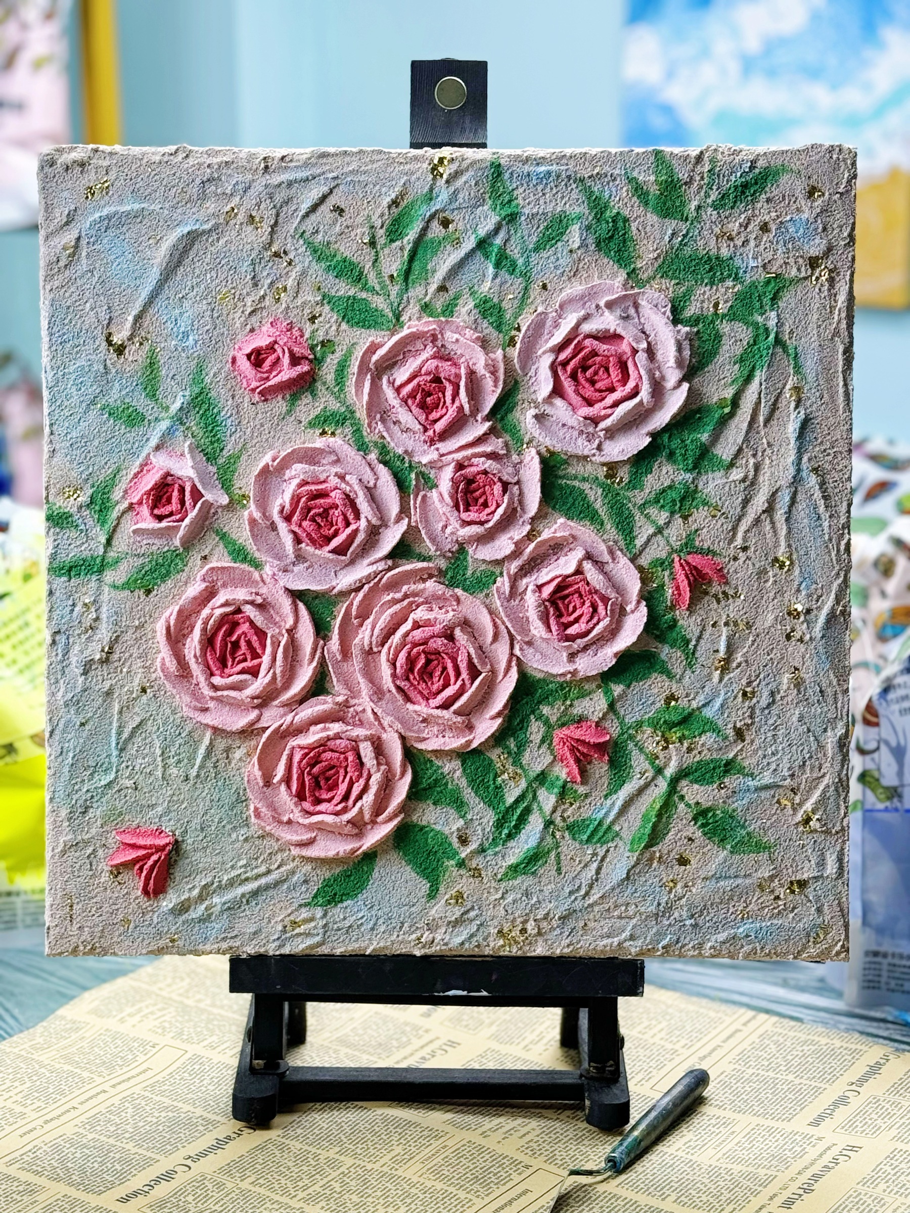 Textured Floral Canvas Art – 3D Pink Roses on 40x40cm Handcrafted Art Piece