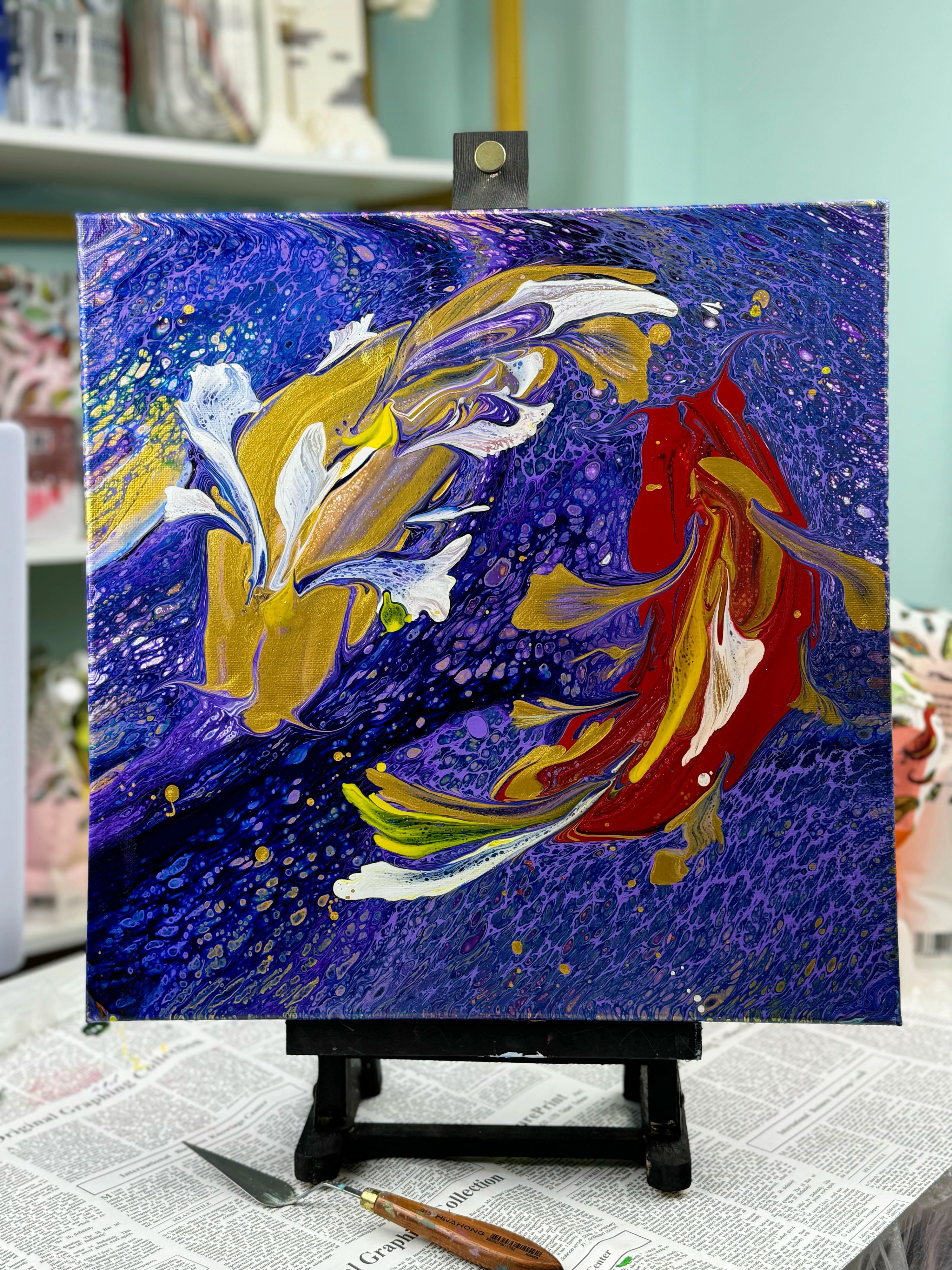 Hand-Painted Pour Painting - Vibrant Koi Dance by Siviqua