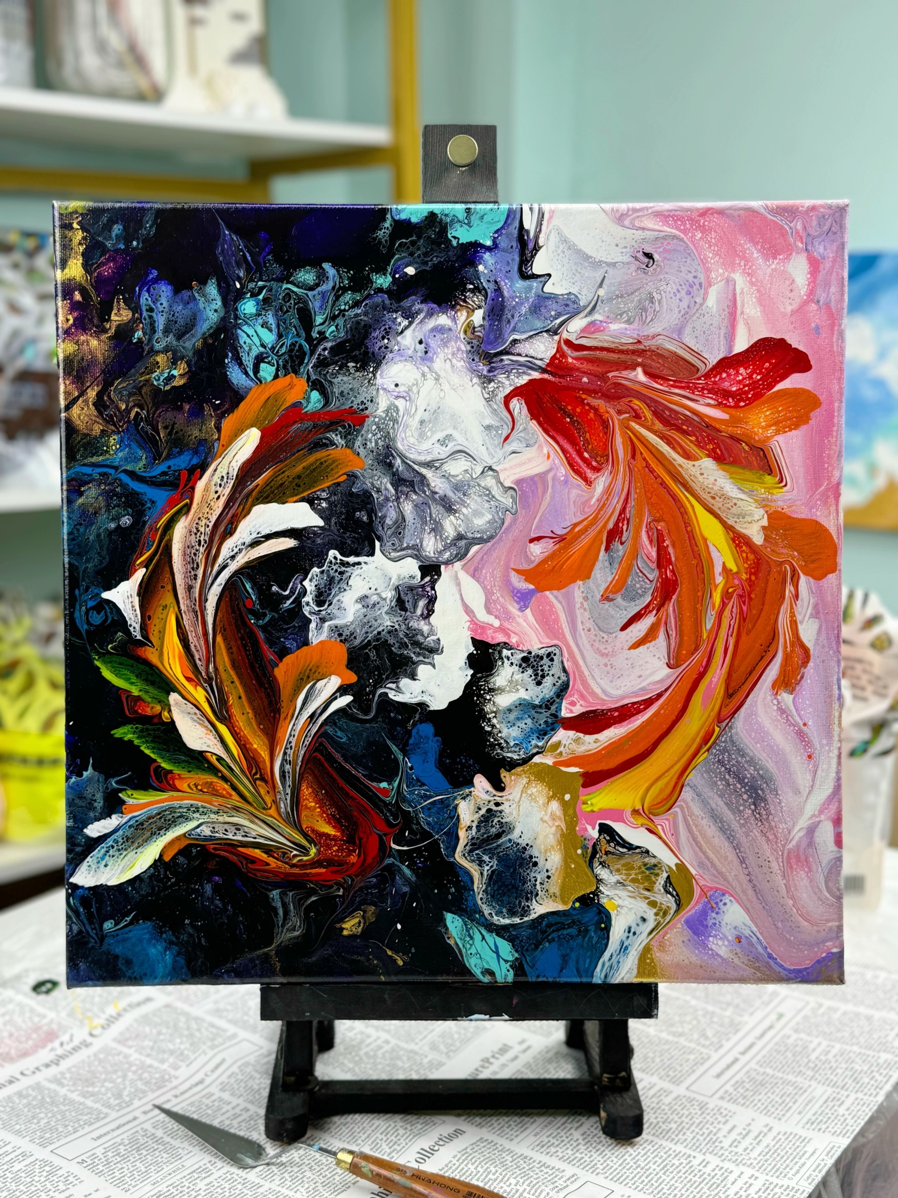 Hand-Painted Pour Painting - Radiant Koi Serenity by Siviqua