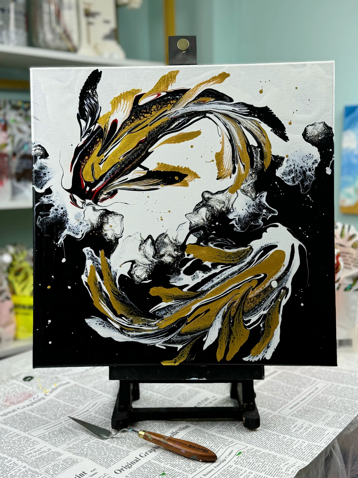 Hand-Painted Pour Painting - Majestic Koi by Siviqua