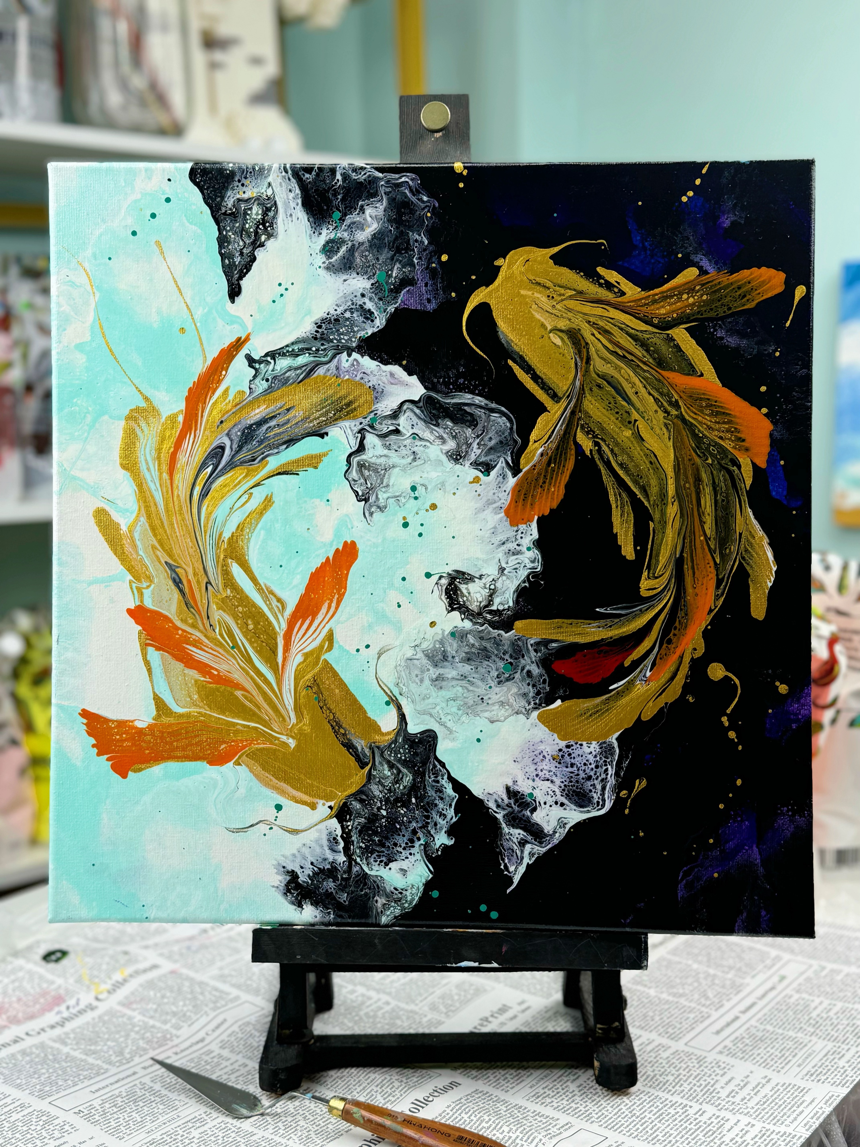 Hand-Painted Pour Painting - Dual Koi Fish by Siviqua
