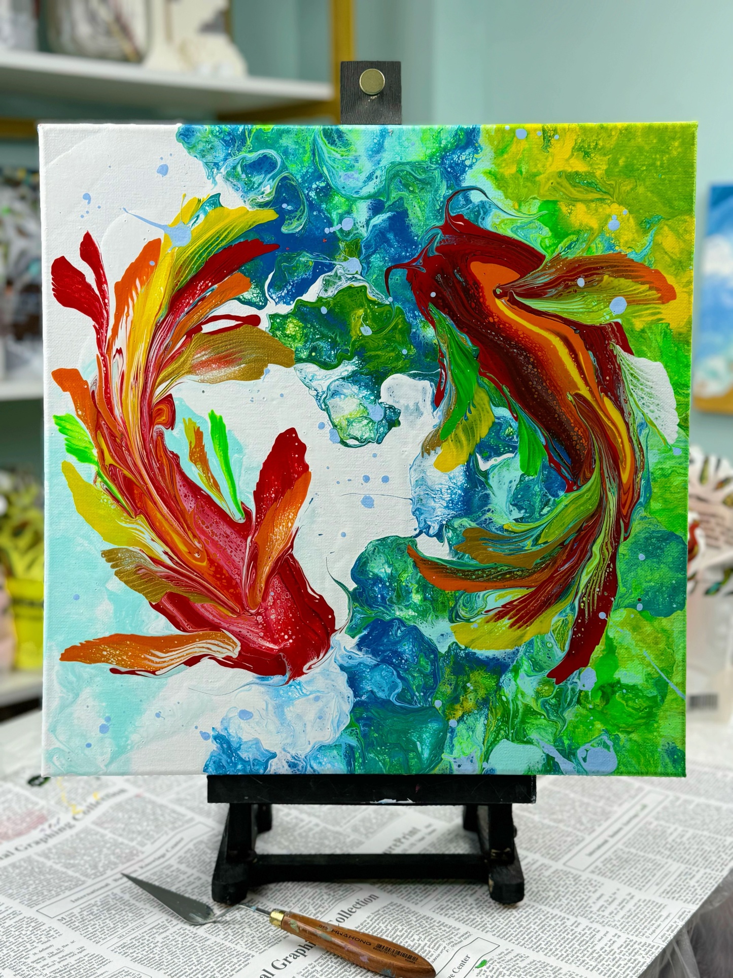 Hand-Painted Pour Painting - Vibrant Koi Fish by Siviqua