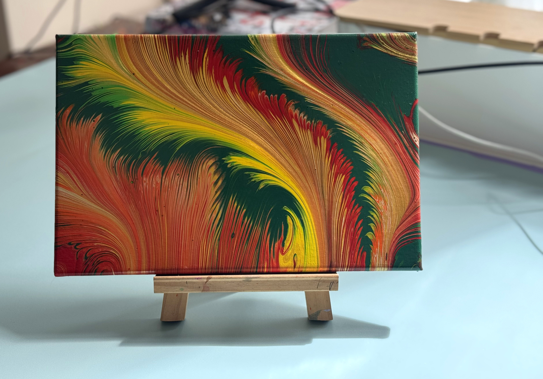 20×30cm Golden Flame Feathers Fluid Art | Handmade Red-Green Swirl Feather Painting