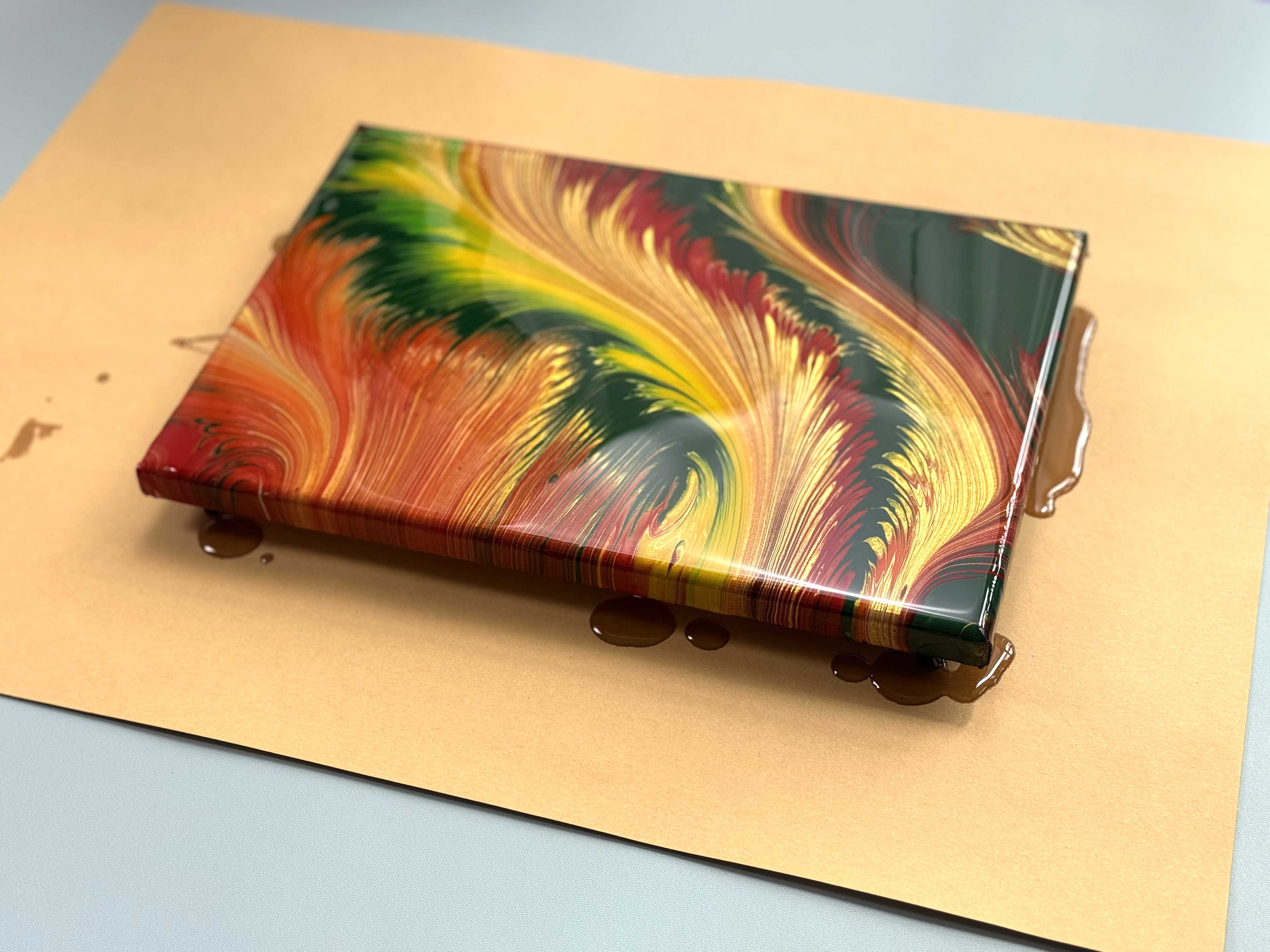 20×30cm Golden Flame Feathers Fluid Art | Handmade Red-Green Swirl Feather Painting