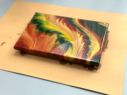 20×30cm Golden Flame Feathers Fluid Art | Handmade Red-Green Swirl Feather Painting