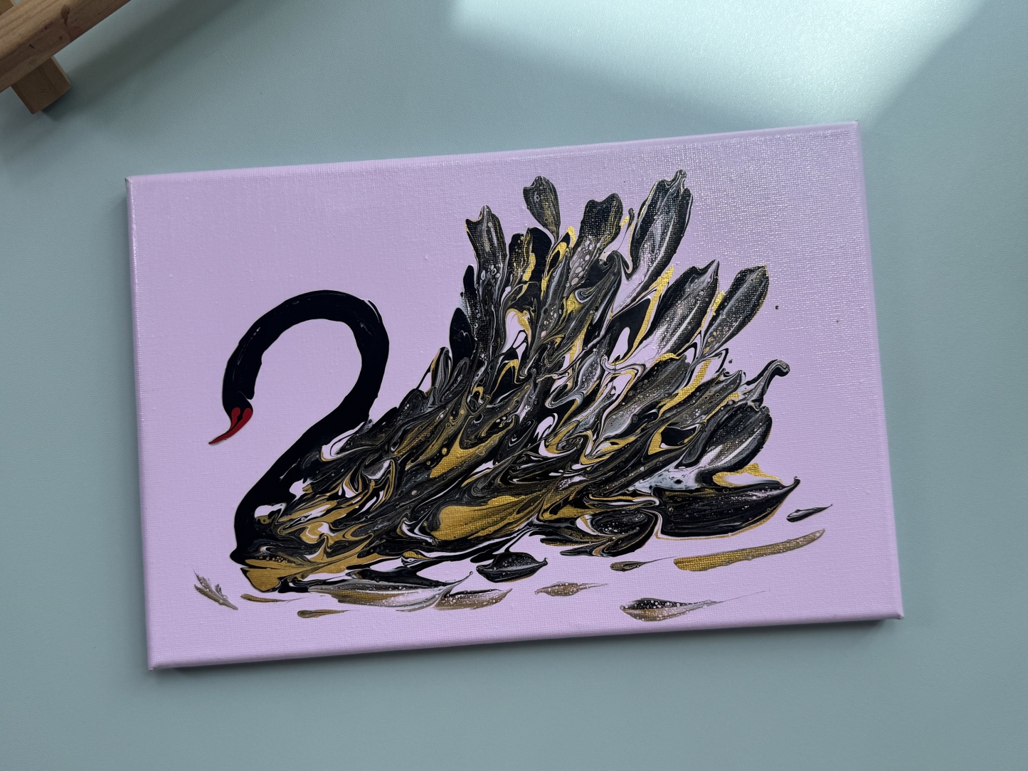 “Elegant Black Swan” | 20×30cm Handmade Fluid Art Canvas