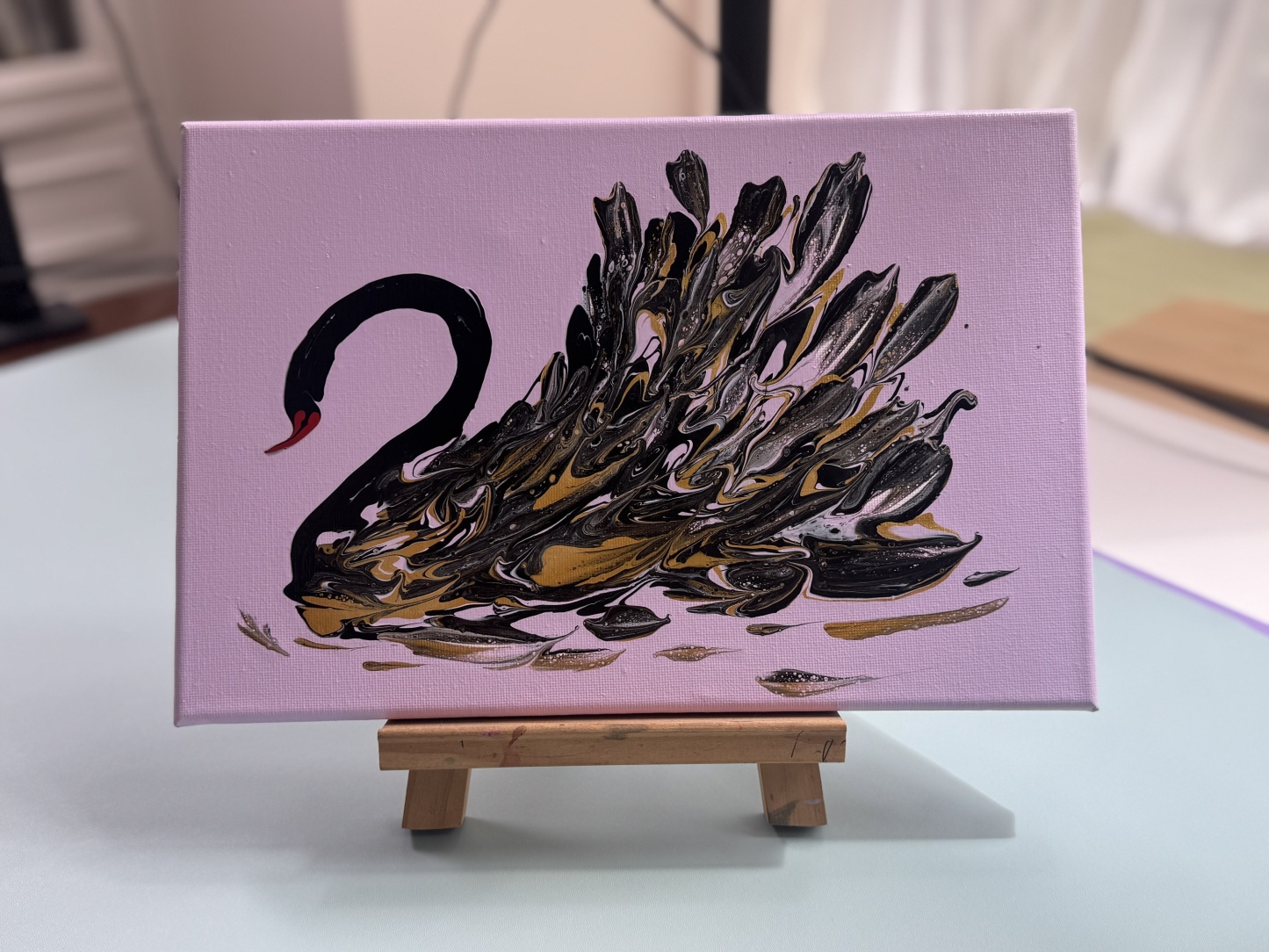 “Elegant Black Swan” | 20×30cm Handmade Fluid Art Canvas