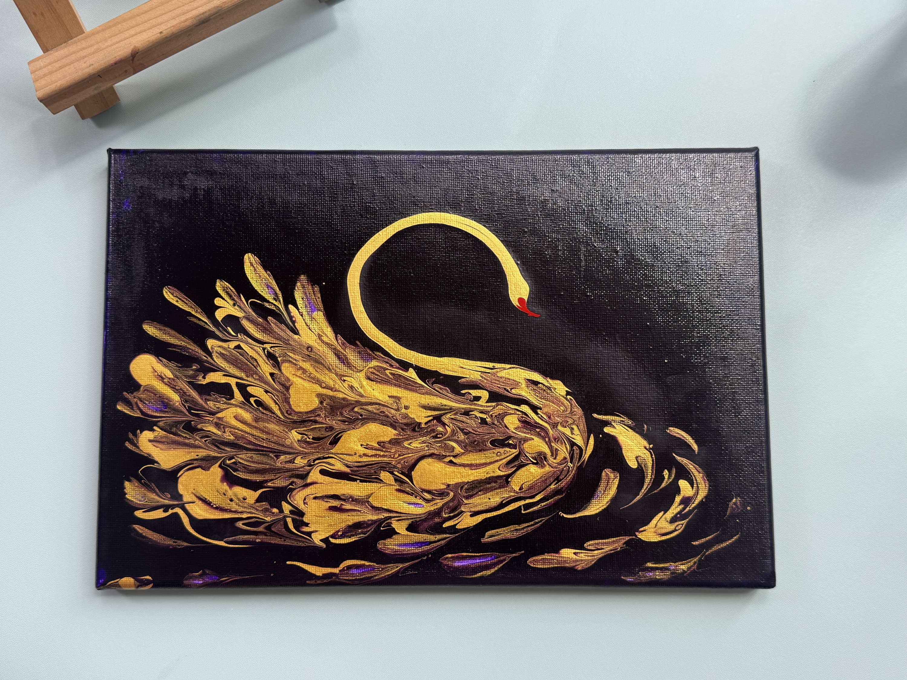 “Gilded Swan Grace” | 20×30cm Handmade Fluid Art Canvas