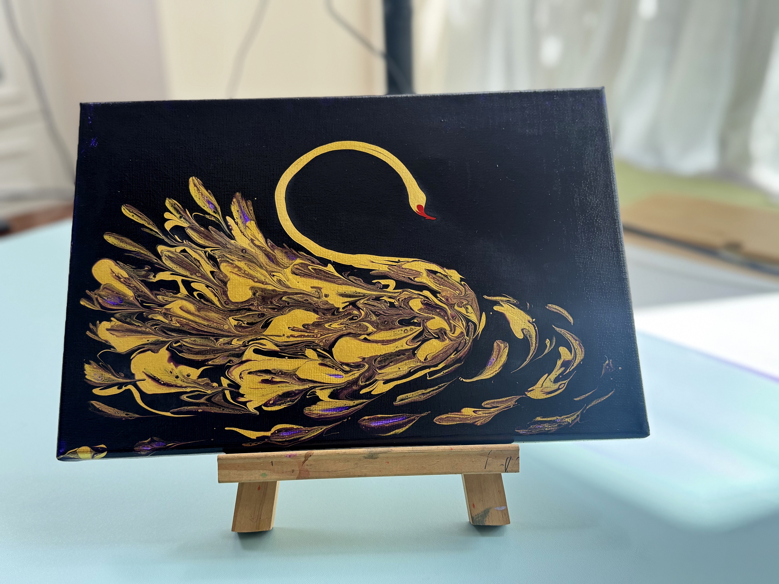 “Gilded Swan Grace” | 20×30cm Handmade Fluid Art Canvas
