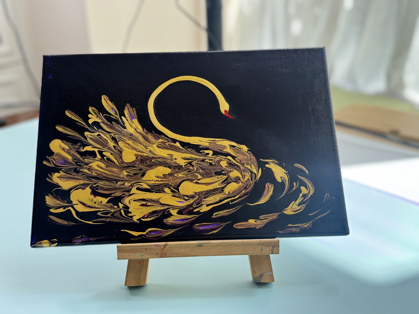 “Gilded Swan Grace” | 20×30cm Handmade Fluid Art Canvas