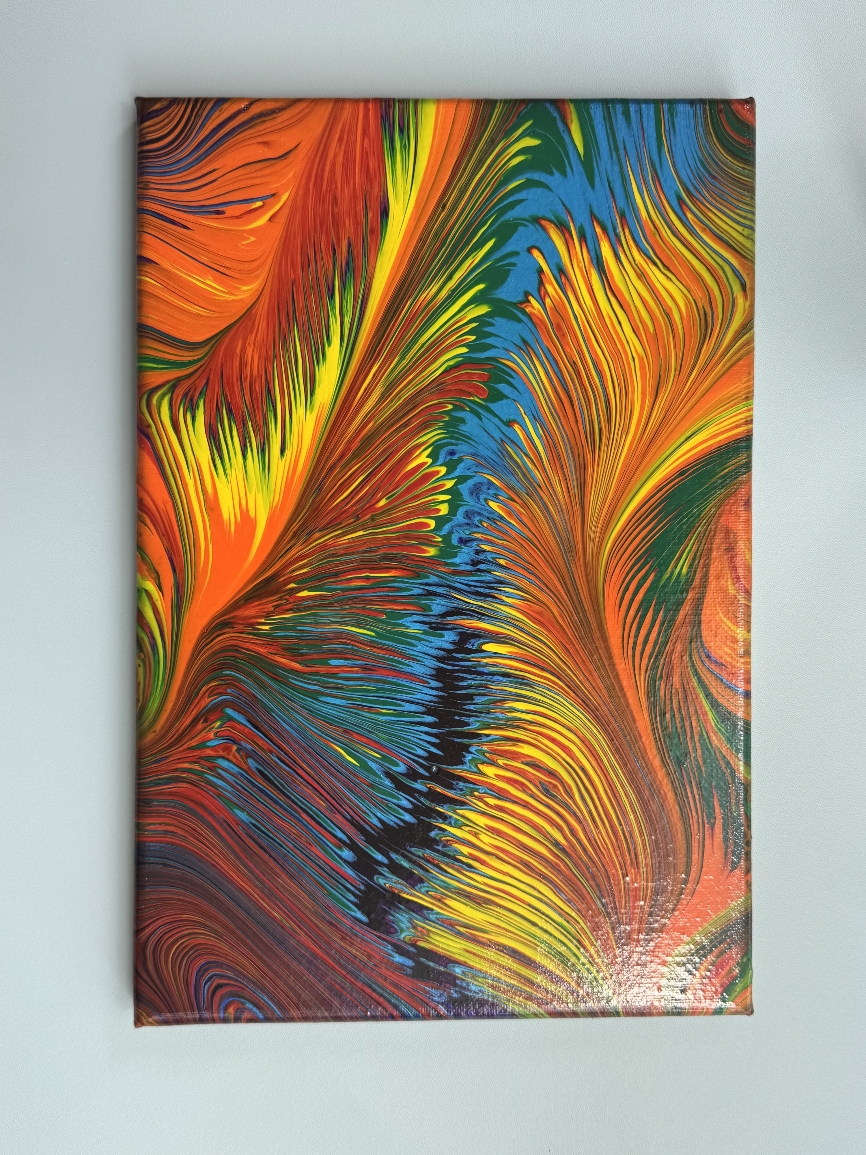 “Rainbow Feather Swirl” | 20×30cm Handmade Fluid Art Canvas
