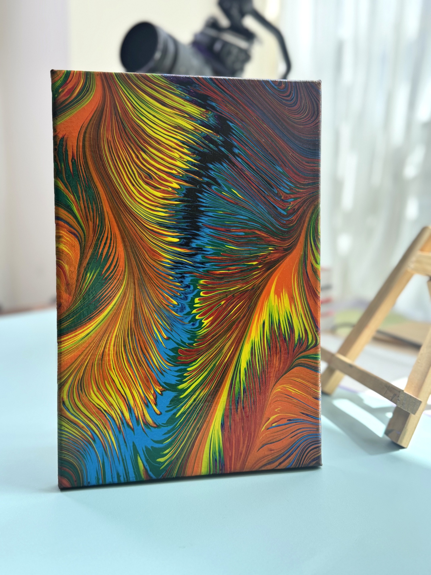 “Rainbow Feather Swirl” | 20×30cm Handmade Fluid Art Canvas