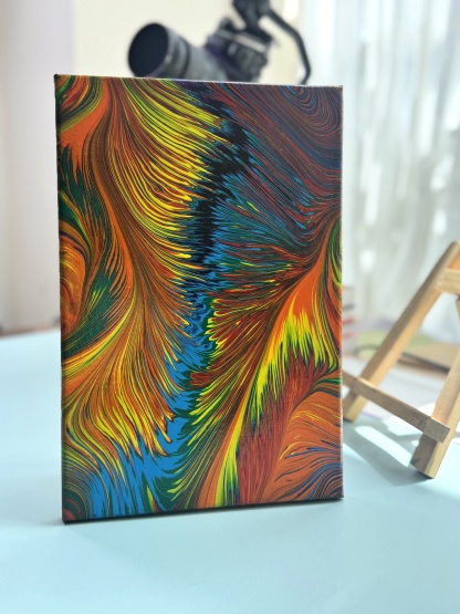 “Rainbow Feather Swirl” | 20×30cm Handmade Fluid Art Canvas