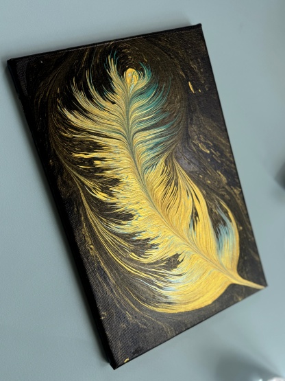“Gilded Feather Whisper” | 20×30cm Handmade Fluid Art Canvas