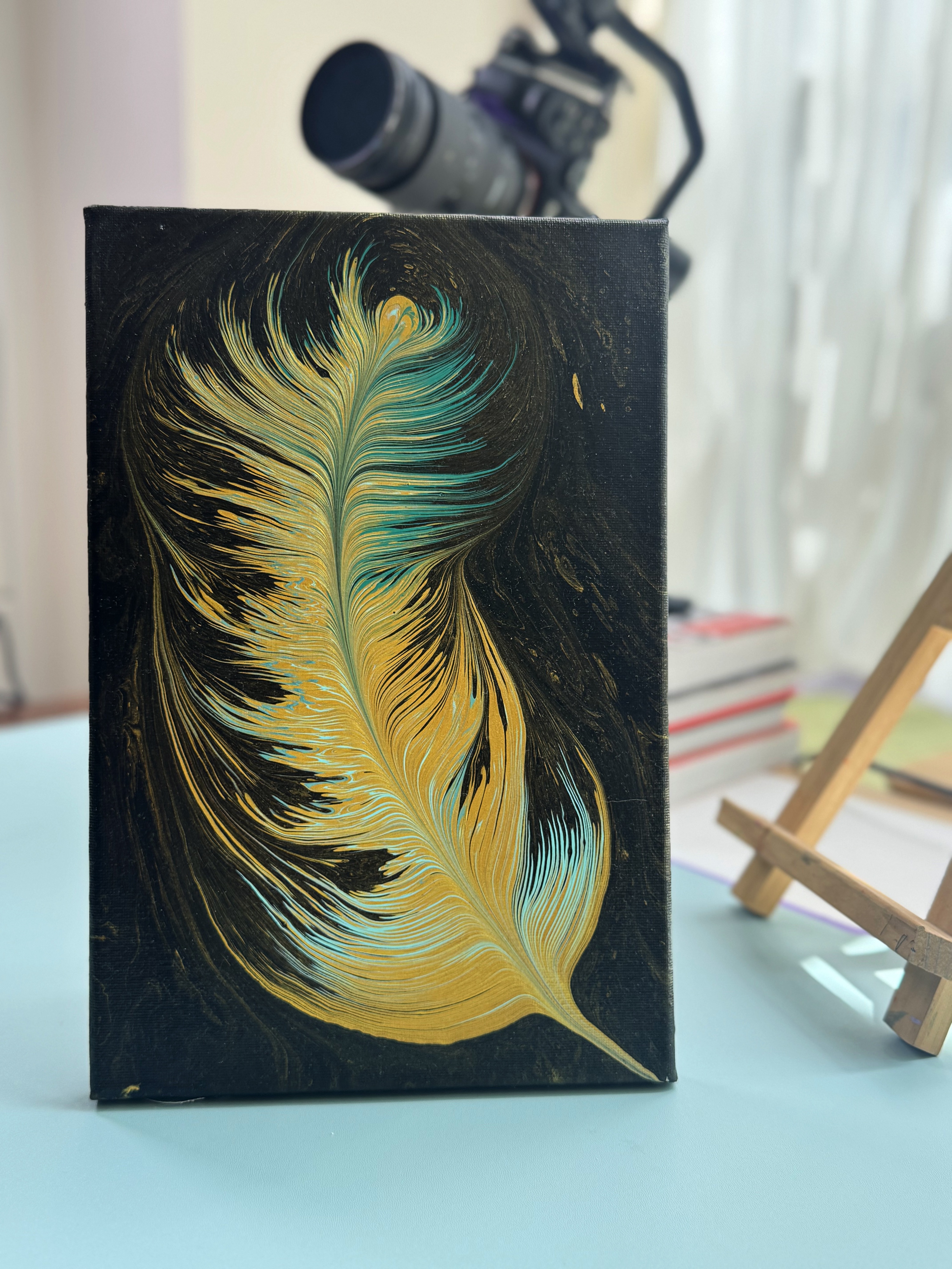 “Gilded Feather Whisper” | 20×30cm Handmade Fluid Art Canvas