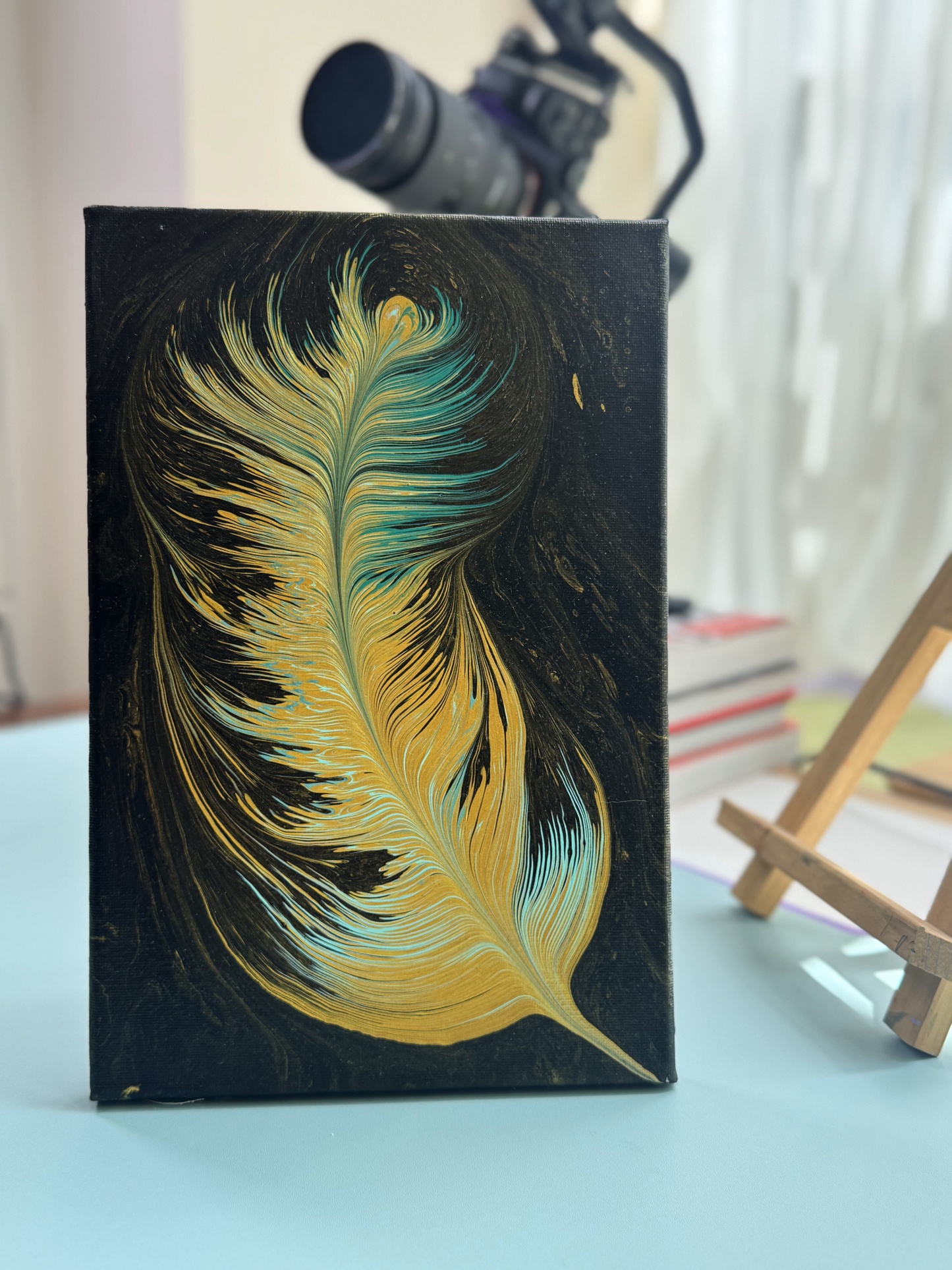 “Gilded Feather Whisper” | 20×30cm Handmade Fluid Art Canvas