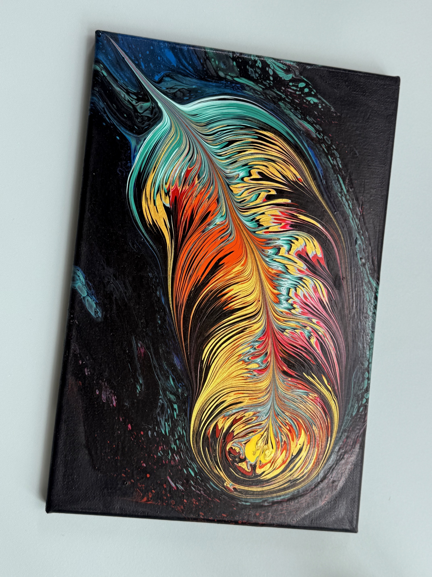 “Enchanted Phoenix Feather” | 20×30cm Handmade Fluid Art Canvas