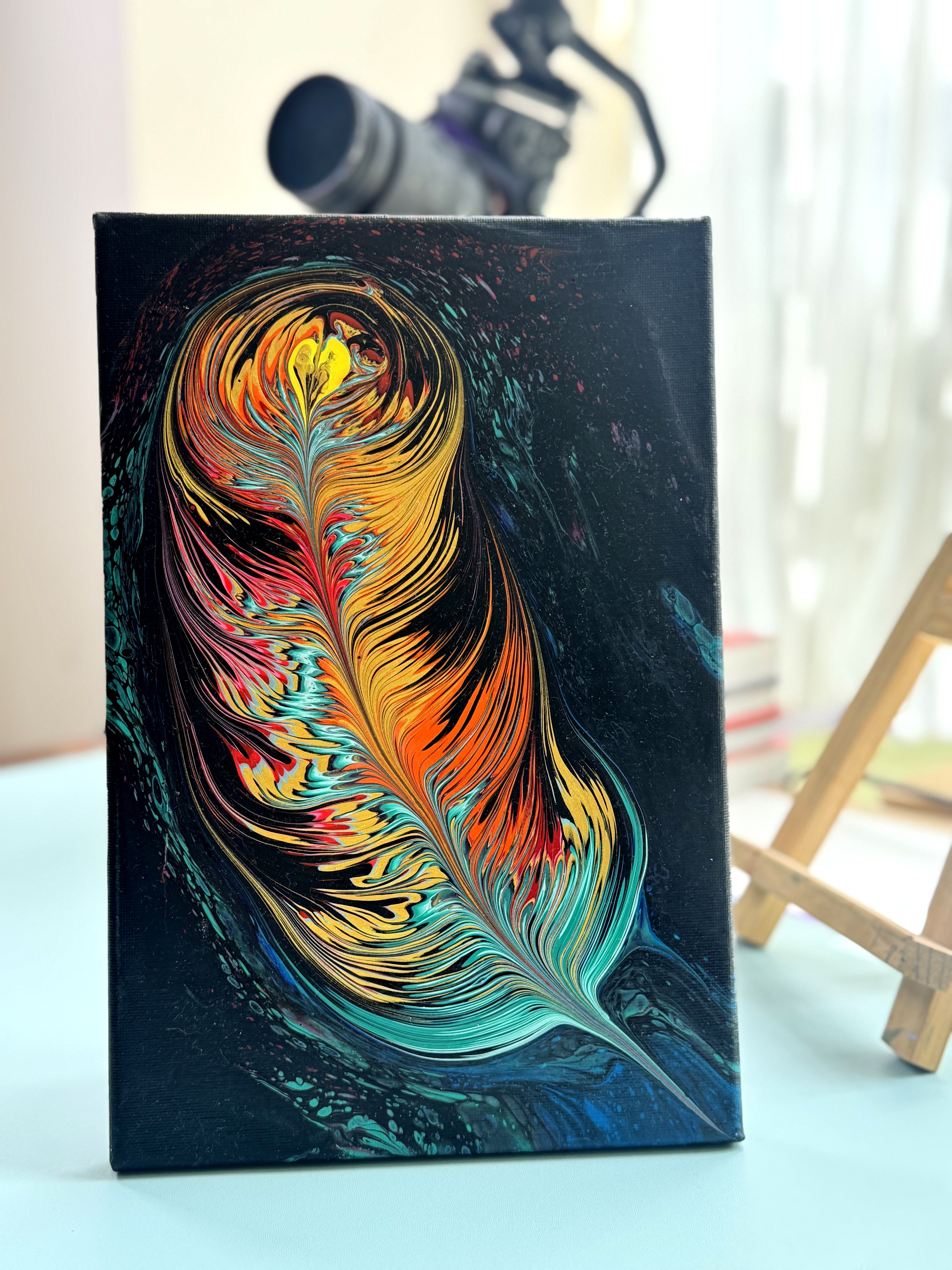 “Enchanted Phoenix Feather” | 20×30cm Handmade Fluid Art Canvas