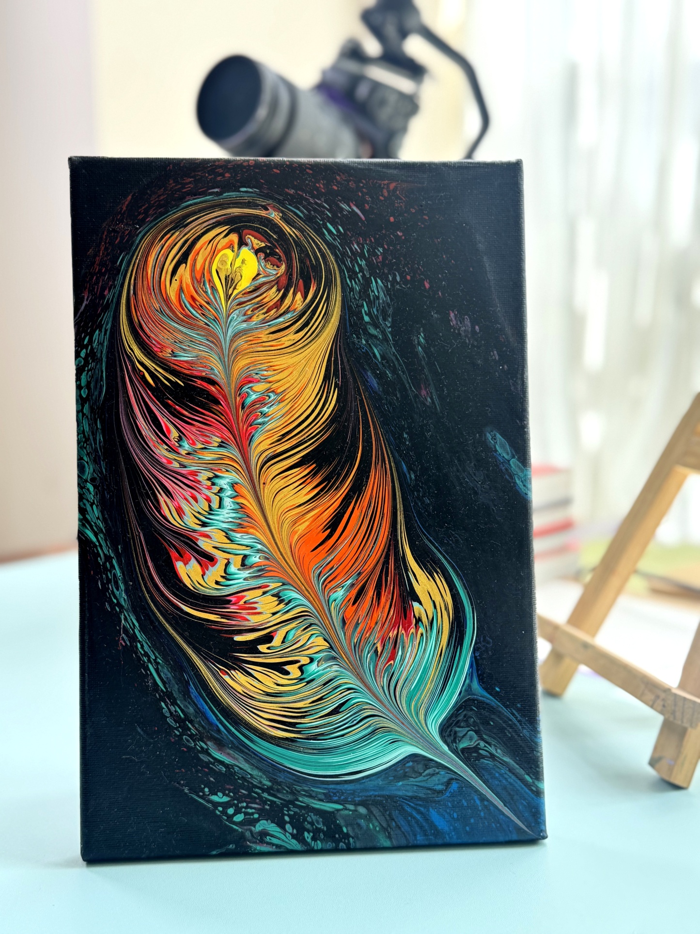 “Enchanted Phoenix Feather” | 20×30cm Handmade Fluid Art Canvas