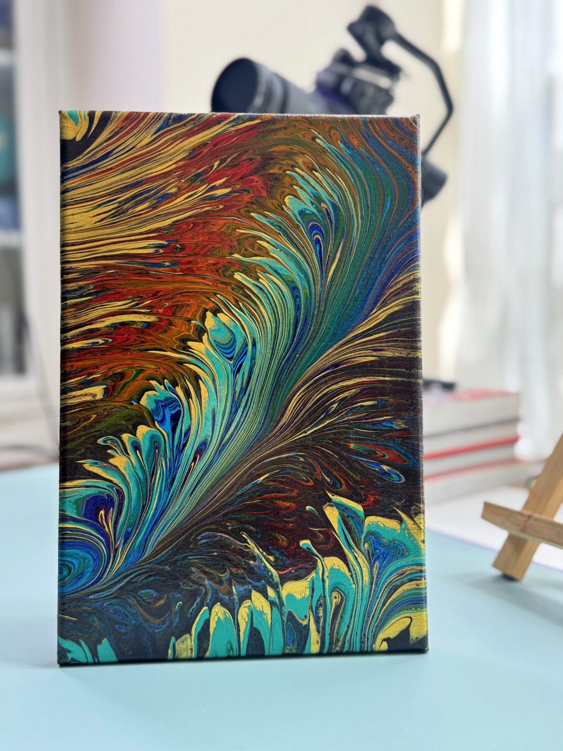 “Mystic Feather Reverie” | 20×30cm Handmade Fluid Art Canvas