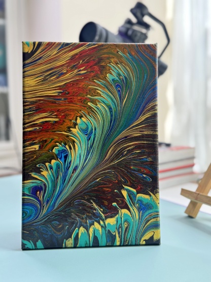 “Mystic Feather Reverie” | 20×30cm Handmade Fluid Art Canvas
