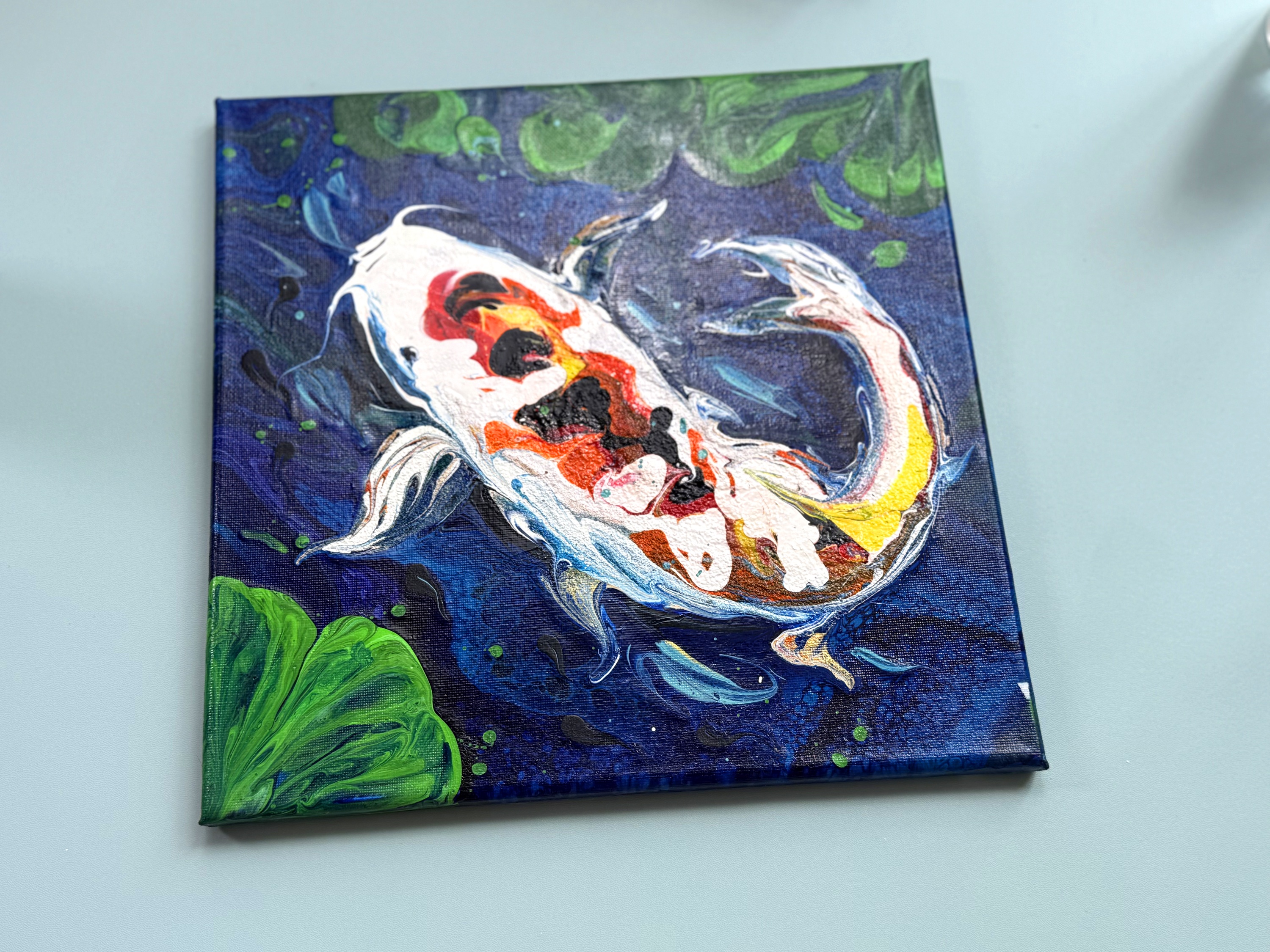 “Lucky Koi in Lotus Pond” | Handmade Fluid Art Canvas