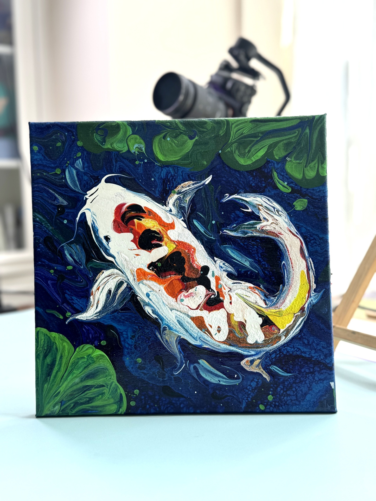“Lucky Koi in Lotus Pond” | Handmade Fluid Art Canvas