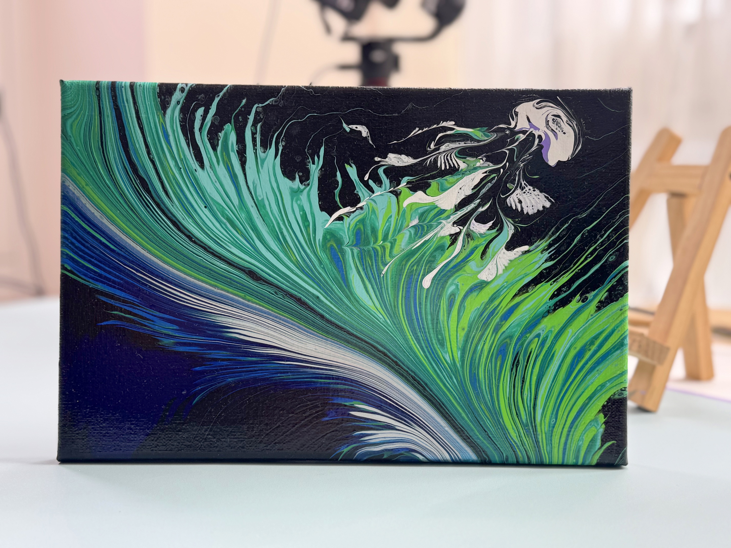 “Jellyfish in Dreamy Currents” | 20×30cm Handmade Fluid Art Canvas