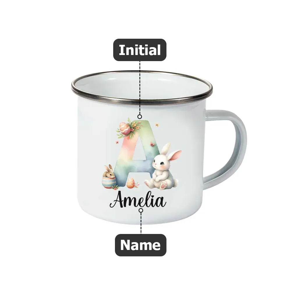 Personalized Cute Watercolor Easter Bunny Initial 11oz Enamel Mug with Name Birthday Easter Party Gift for Kids
