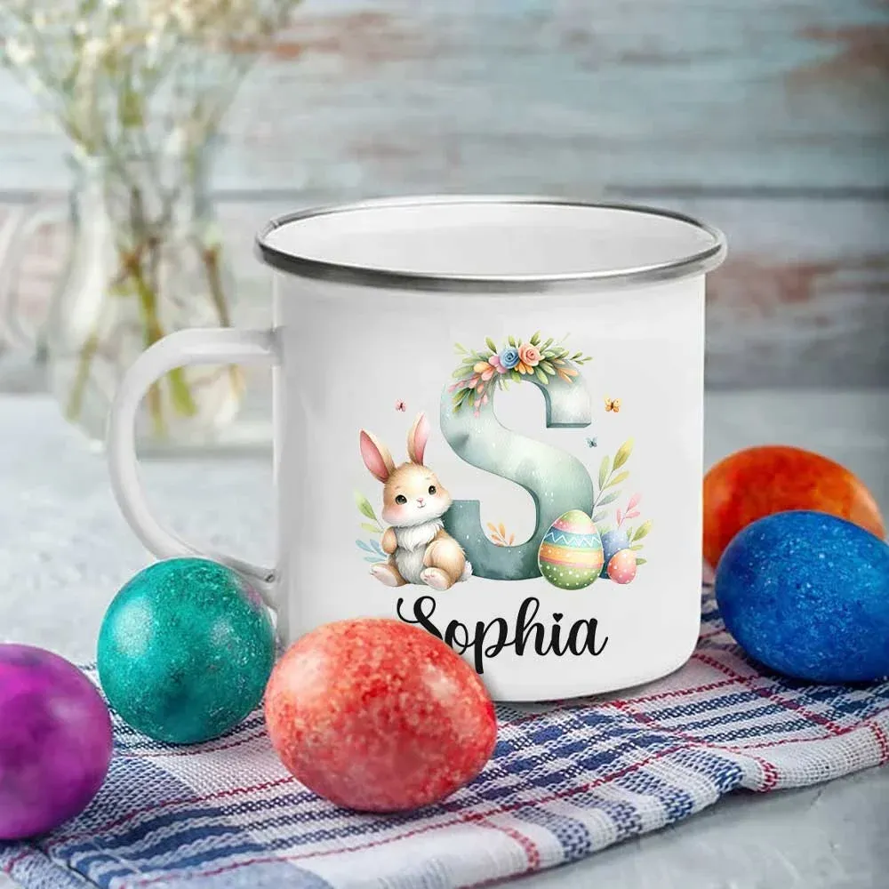 Personalized Cute Watercolor Easter Bunny Initial 11oz Enamel Mug with Name Birthday Easter Party Gift for Kids