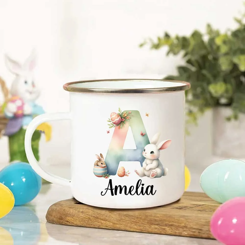 Personalized Cute Watercolor Easter Bunny Initial 11oz Enamel Mug with Name Birthday Easter Party Gift for Kids